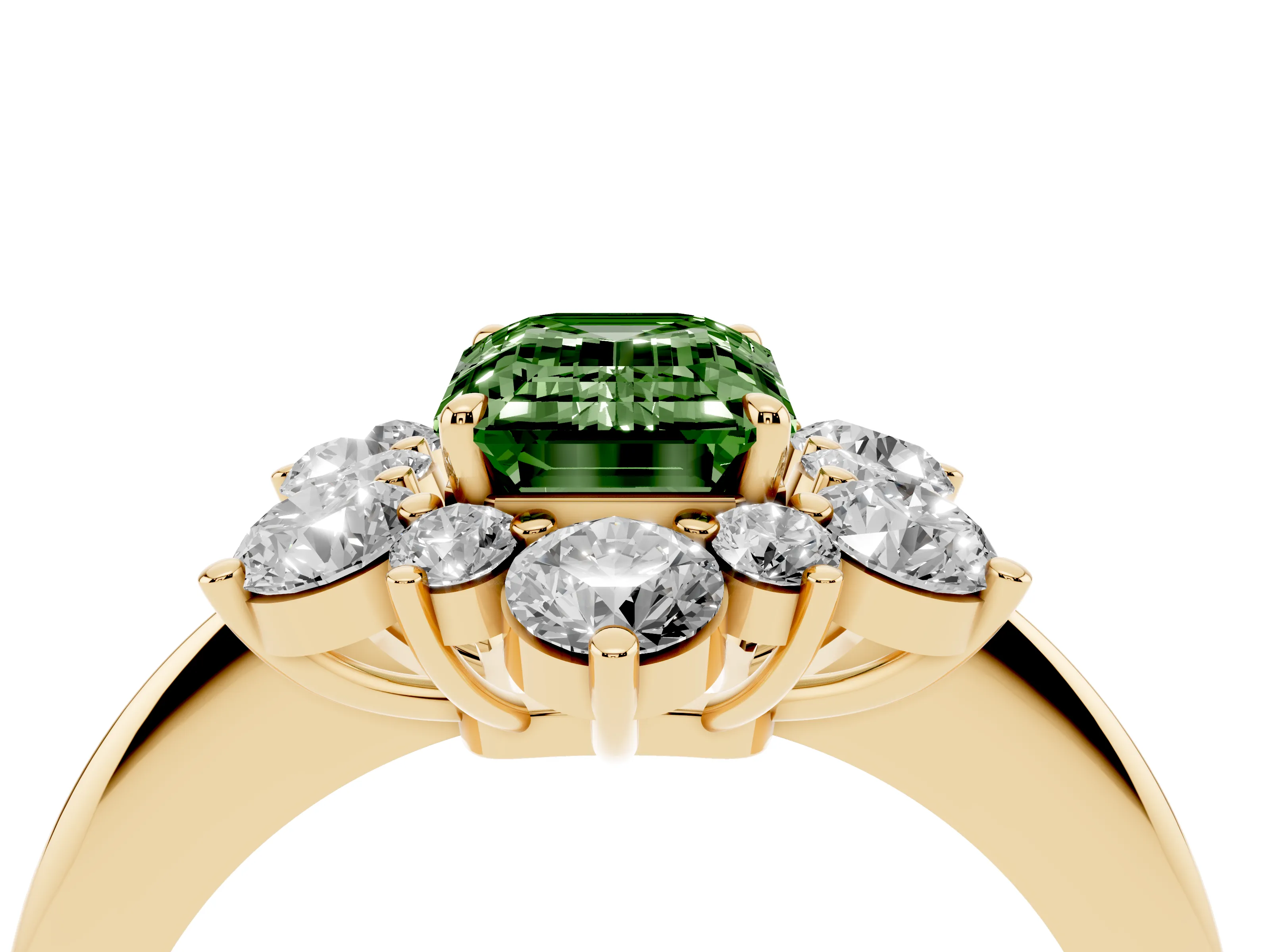 Fancy Green Emerald Cut Diamond Cluster Halo Ring Set in Yellow gold with Solitaire Band and Prong Setting