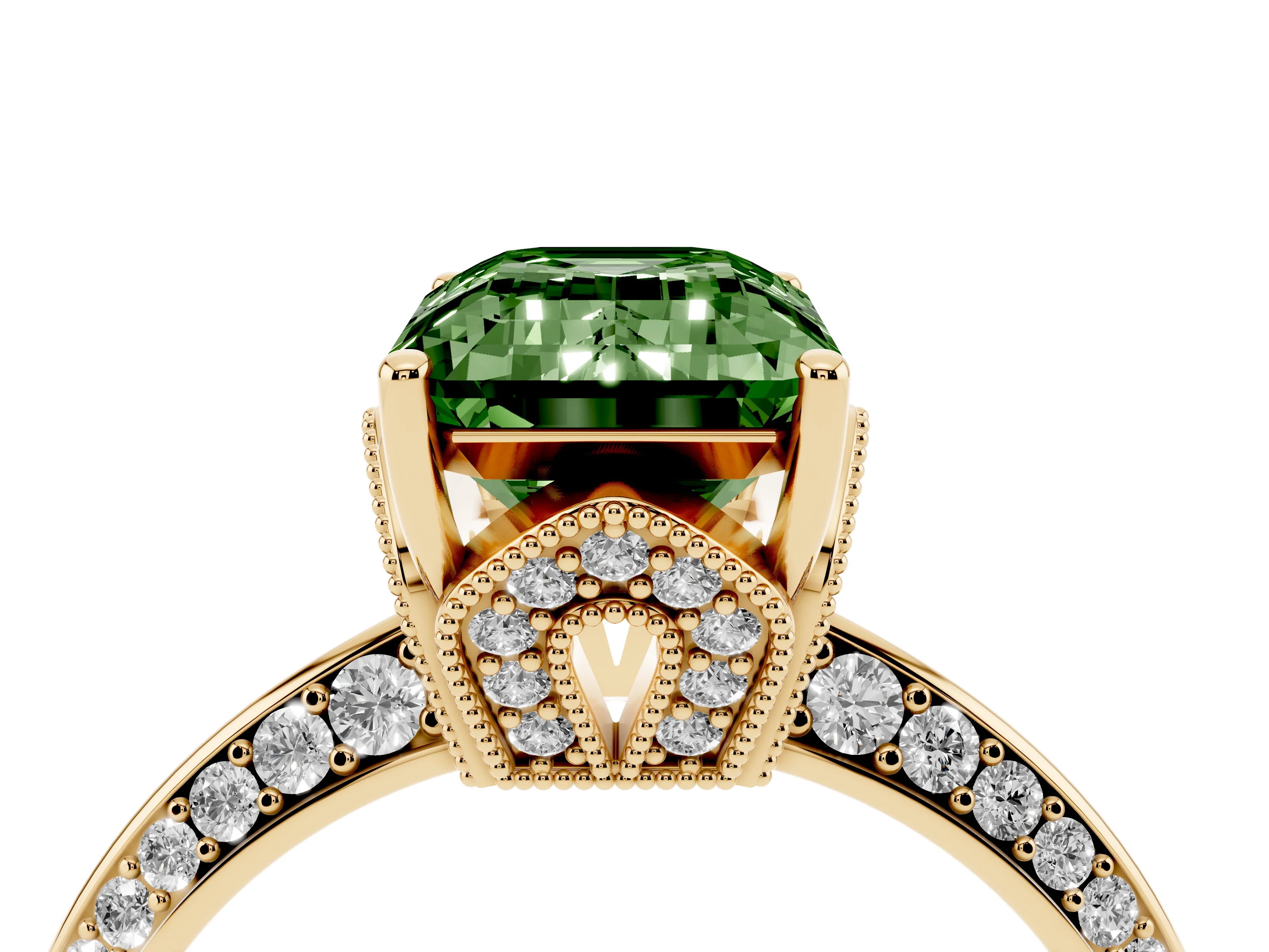 Fancy Green Emerald Cut Diamond Solitaire Engagement Ring Set in Yellow gold with Pavé Split Shank and Prong Setting