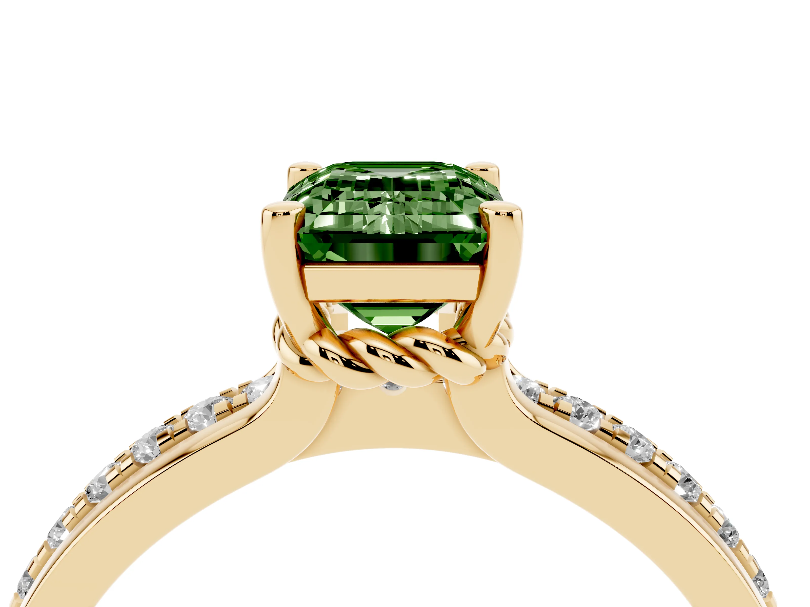 Fancy Green Emerald Cut Diamond Solitaire Ring Set in Yellow gold with Channel Set Band and Prong Setting