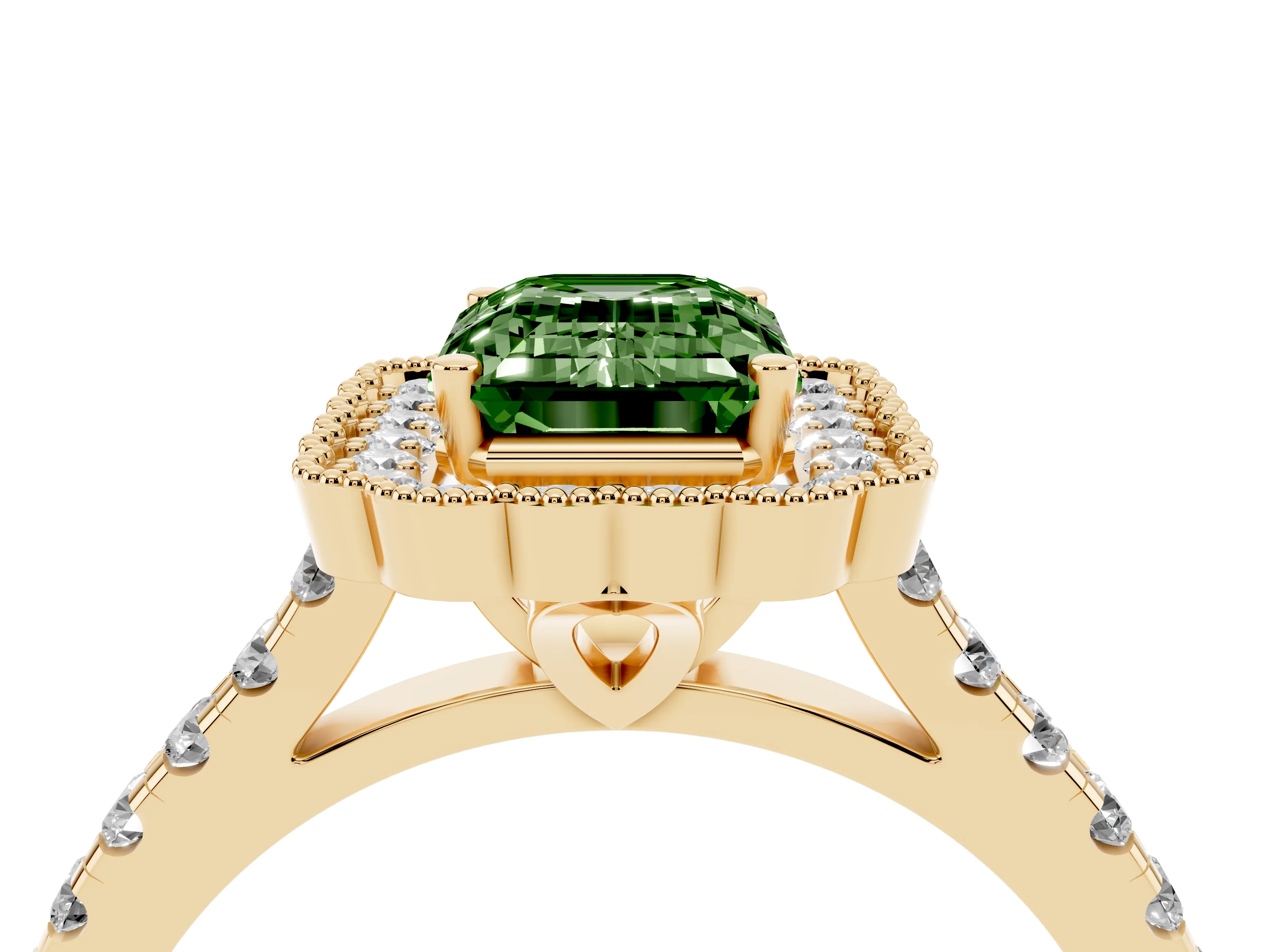 Fancy Green Emerald Cut Diamond Milgrain Floral Halo Engagement Ring Set in Yellow gold with Pavé Band