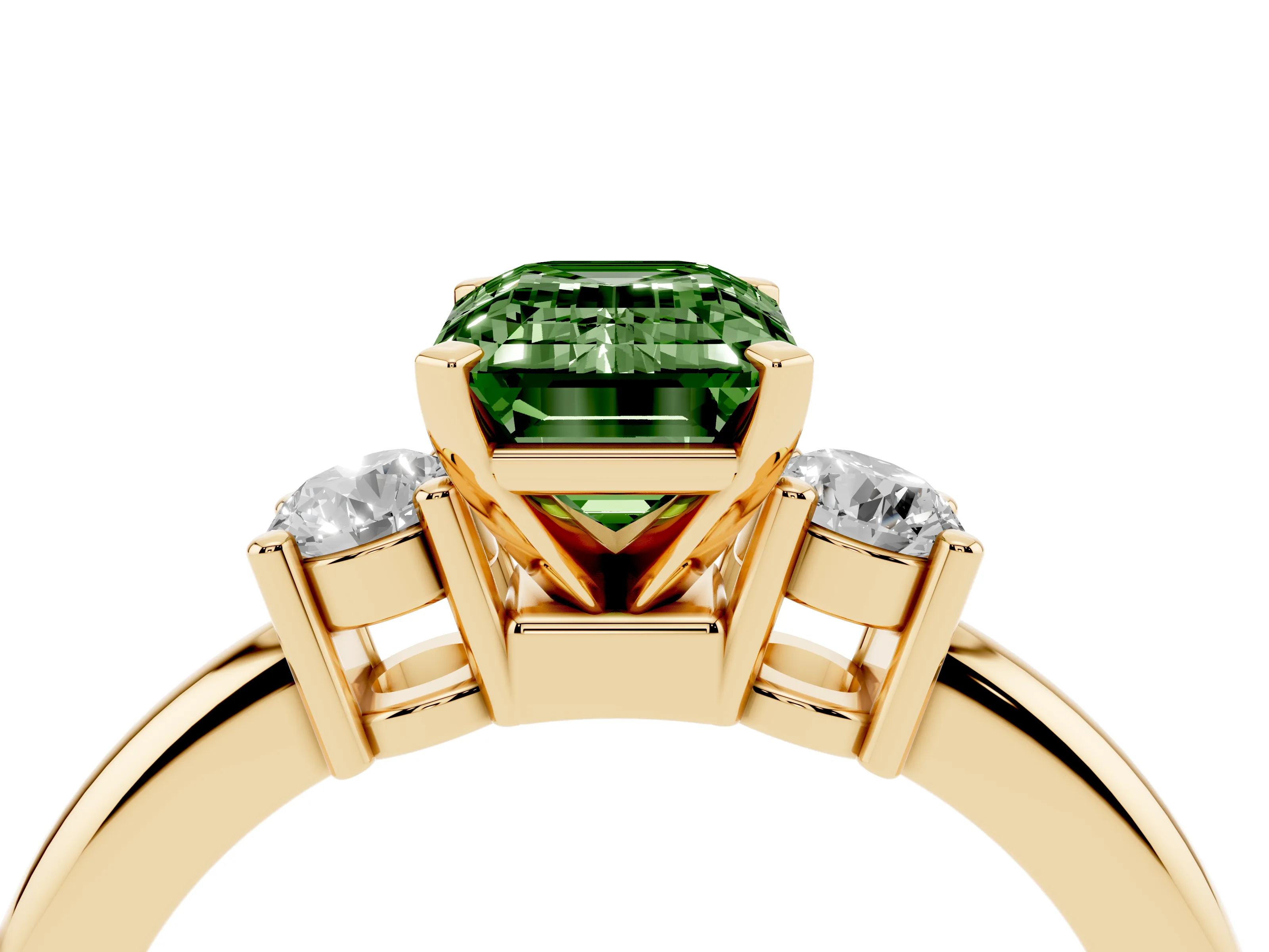Fancy Green Three-Stone Emerald Cut Diamond Ring Set in Yellow gold with Prong Setting and Plain Band