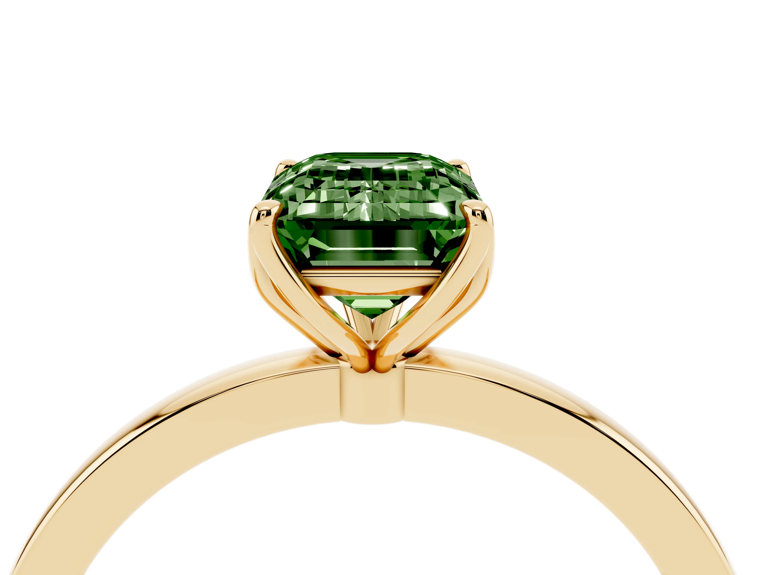 Fancy Green Emerald Cut Diamond Solitaire Ring Set in Yellow gold with Prong Setting and Thin Polished Band