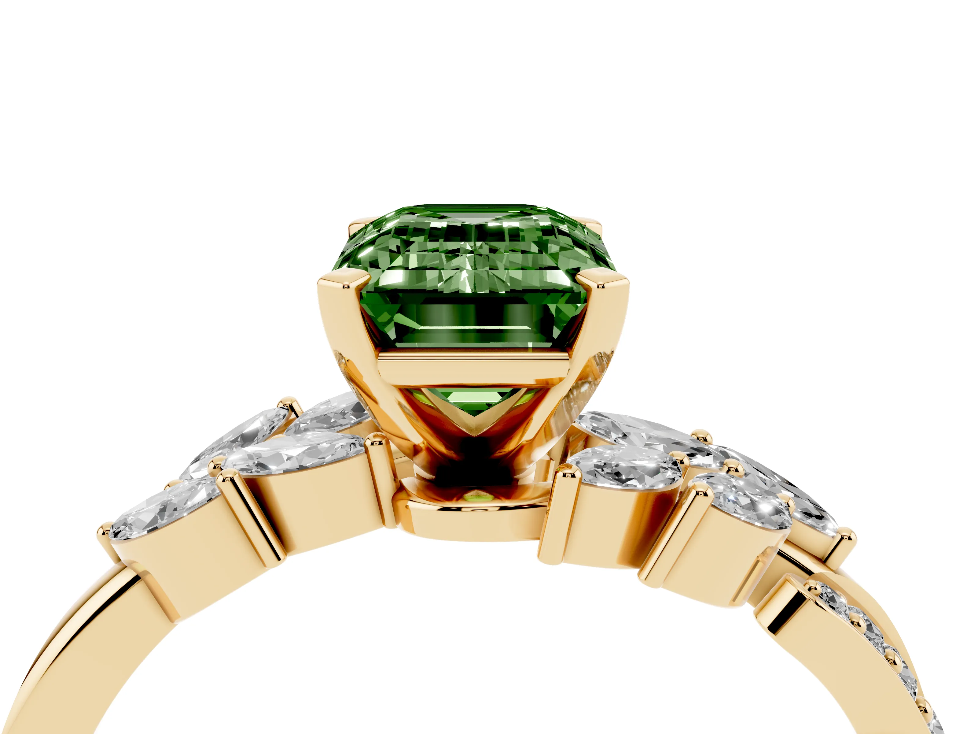 Fancy Green Emerald Cut Diamond Solitaire Ring Set in Yellow gold with Marquise Twist Band and Prong Setting