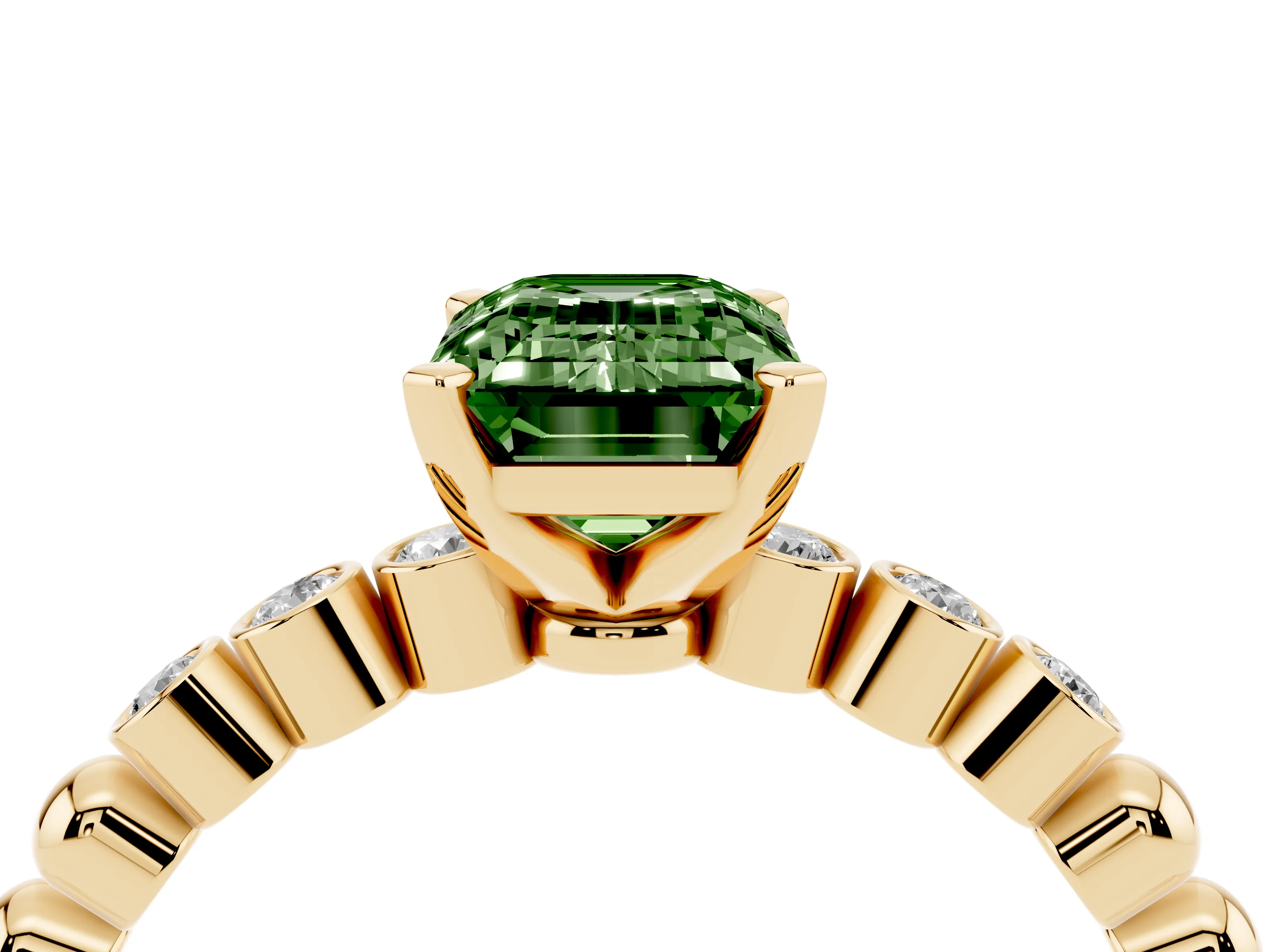 Fancy Green Emerald Cut Diamond Solitaire Engagement Ring Set in Yellow gold with Bezel Accents on Beaded Band