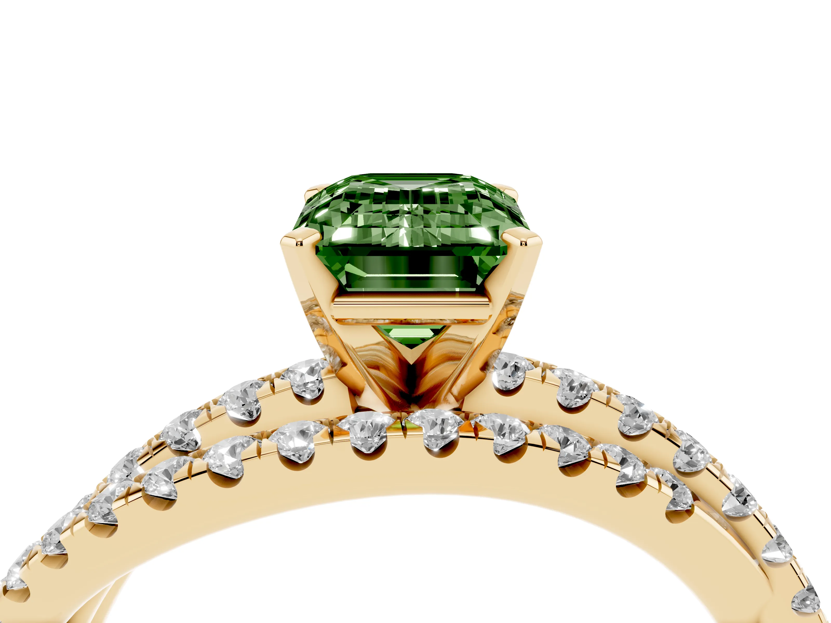 Fancy Green Emerald Cut Diamond Solitaire Twist Band Ring Set in Yellow gold with Pavé Setting and Prong Head