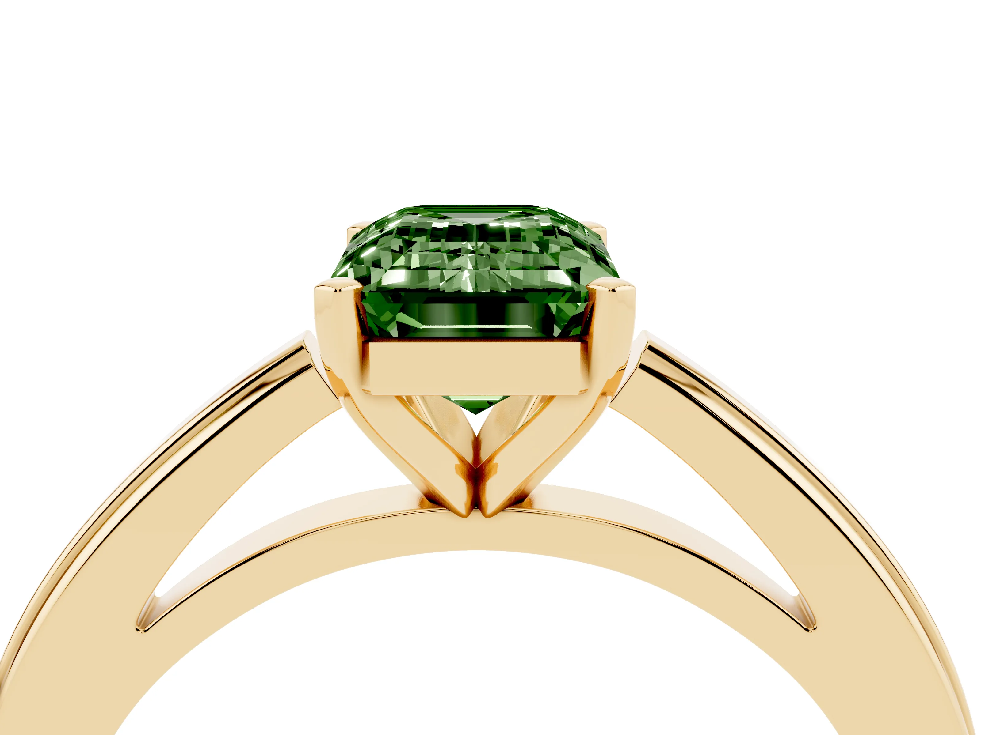 Fancy Green Emerald Cut Diamond Solitaire Ring Set in Yellow gold with Prong Setting and Classic Band