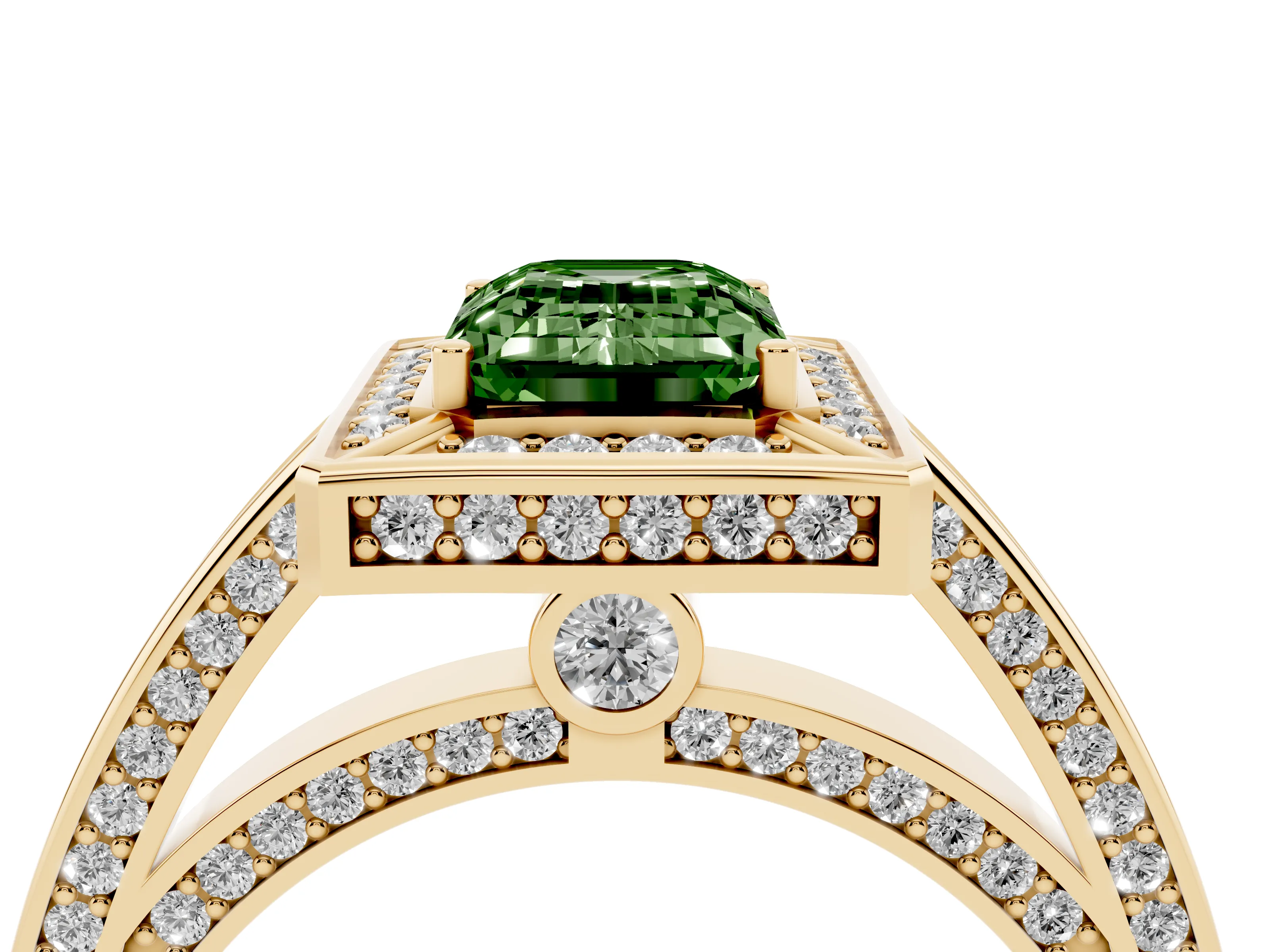 Fancy Green Emerald Cut Diamond Halo Pavé Split Shank Ring Set in Yellow gold with Prong Setting