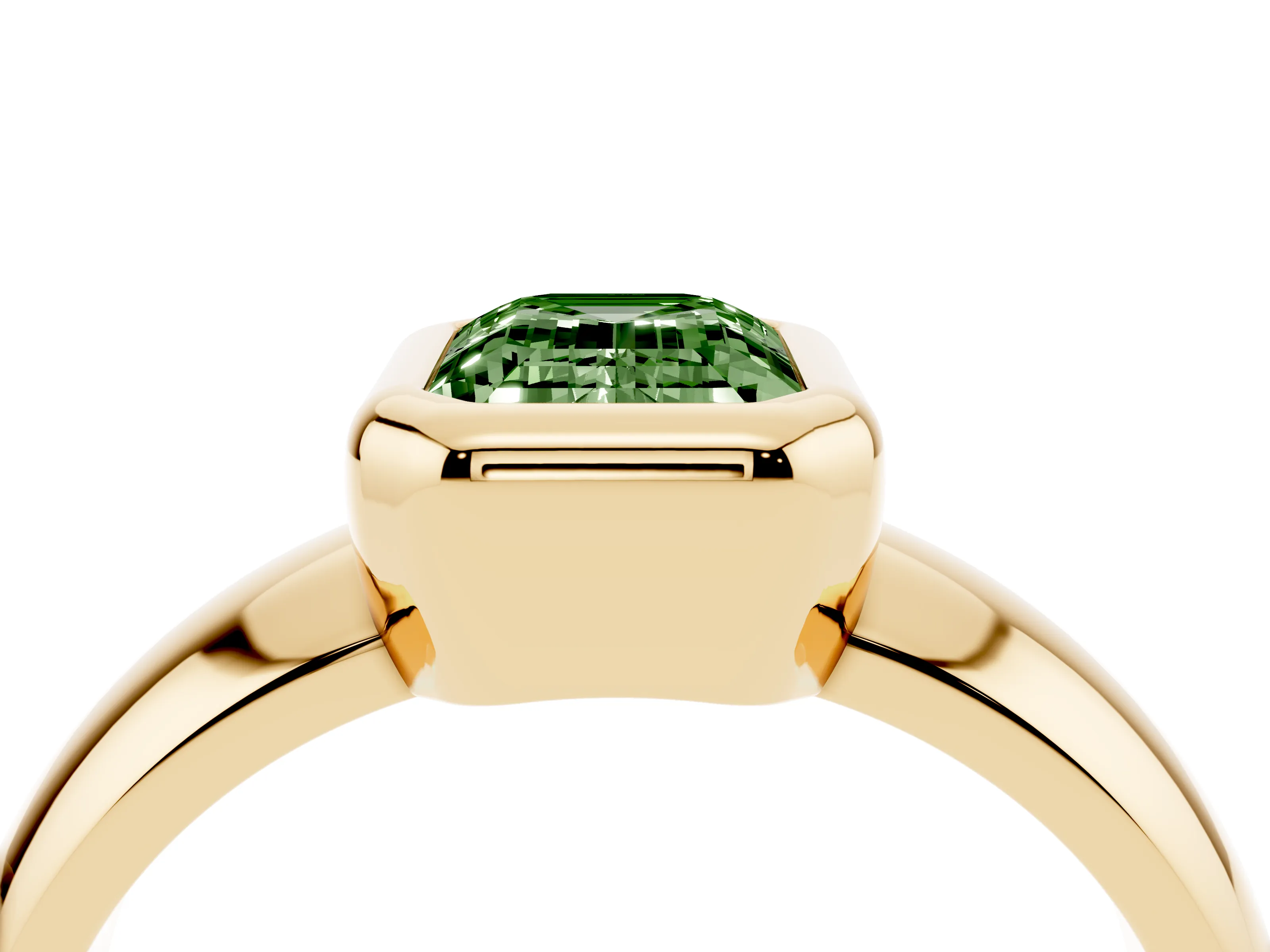 Fancy Green Bezel Set Emerald Cut Diamond Solitaire Ring Set in Yellow gold with Wide Band