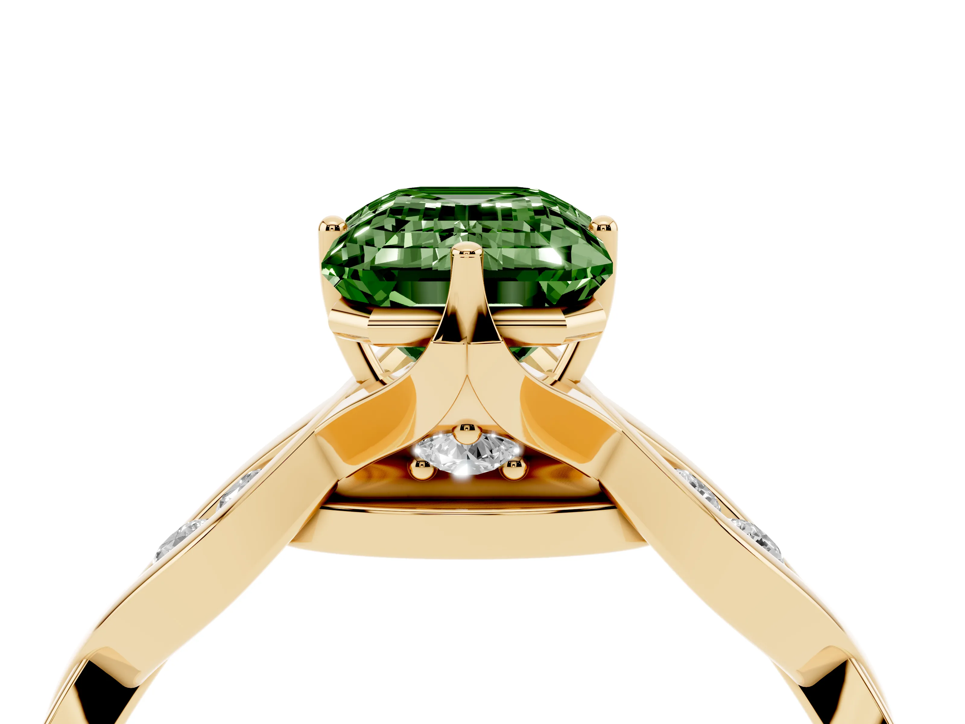 Fancy Green Emerald Cut Diamond Twist Band Solitaire Ring Set in Yellow gold with Leaf Prong Setting and Accent Stones