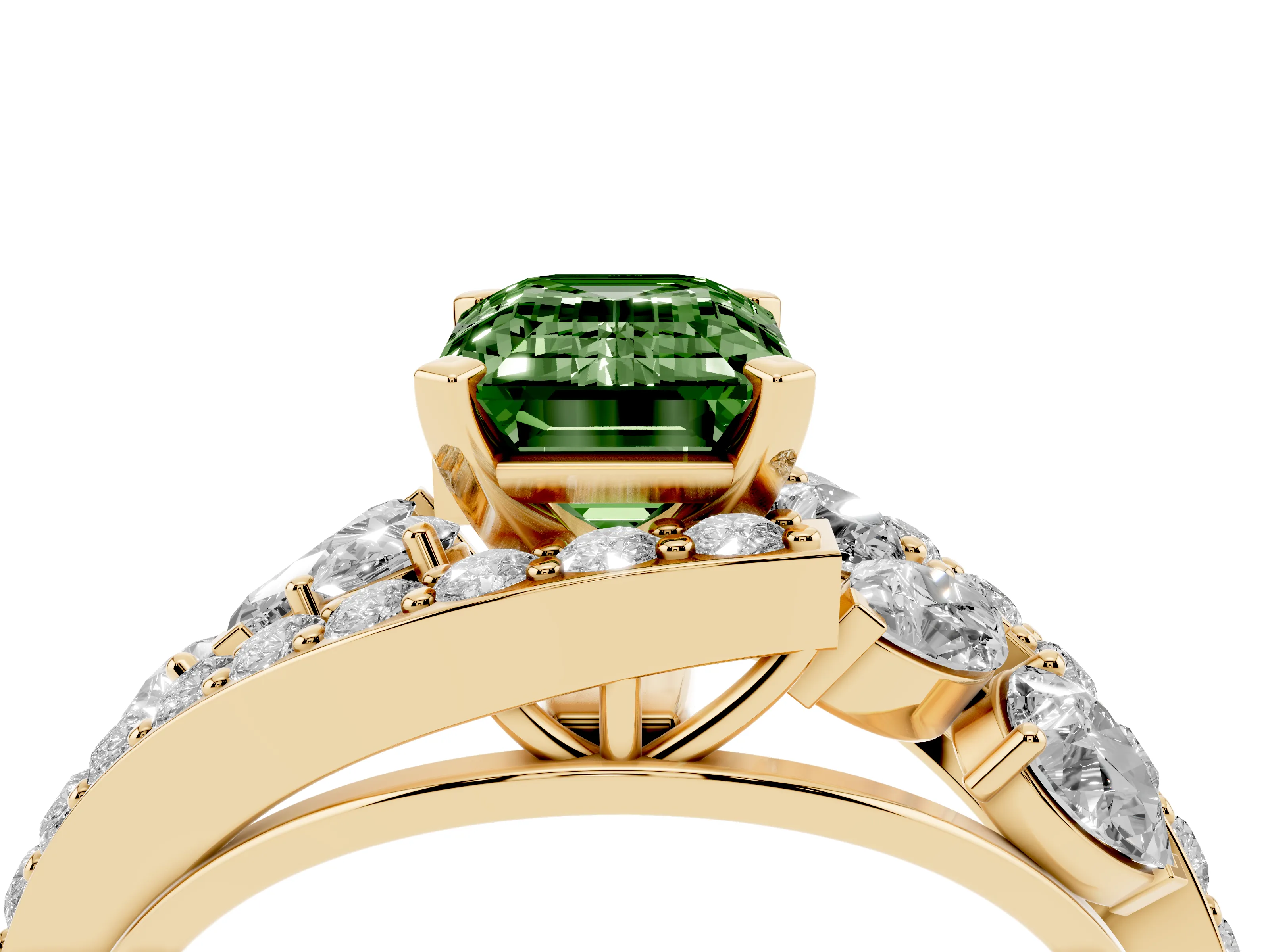 Fancy Green Emerald Cut Diamond Halo Ring Set in Yellow gold with Marquise and Pavé Band in Prong Setting