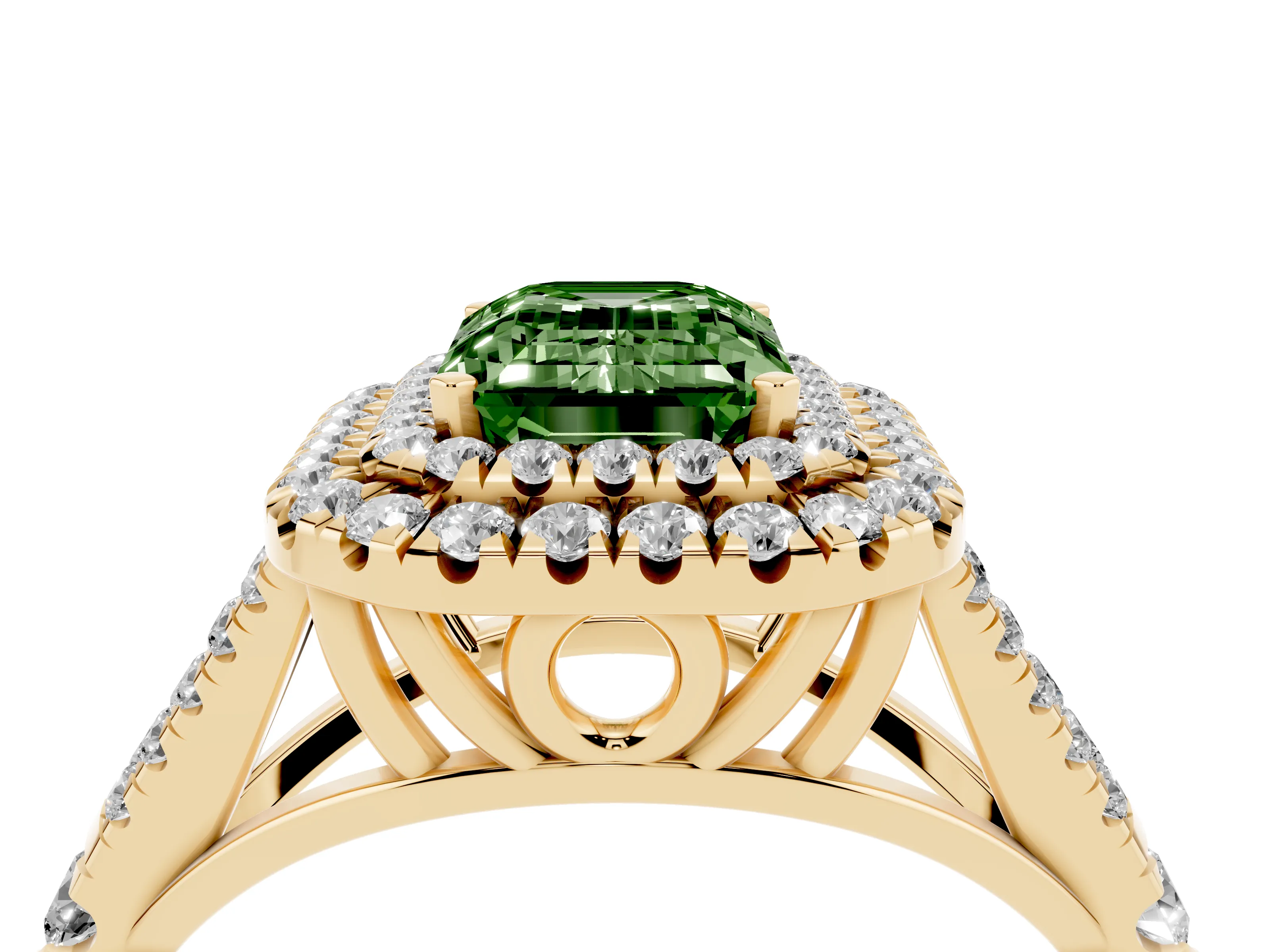 Fancy Green Emerald Cut Diamond Pavé Split Shank Double Halo Engagement Ring Set in Yellow gold