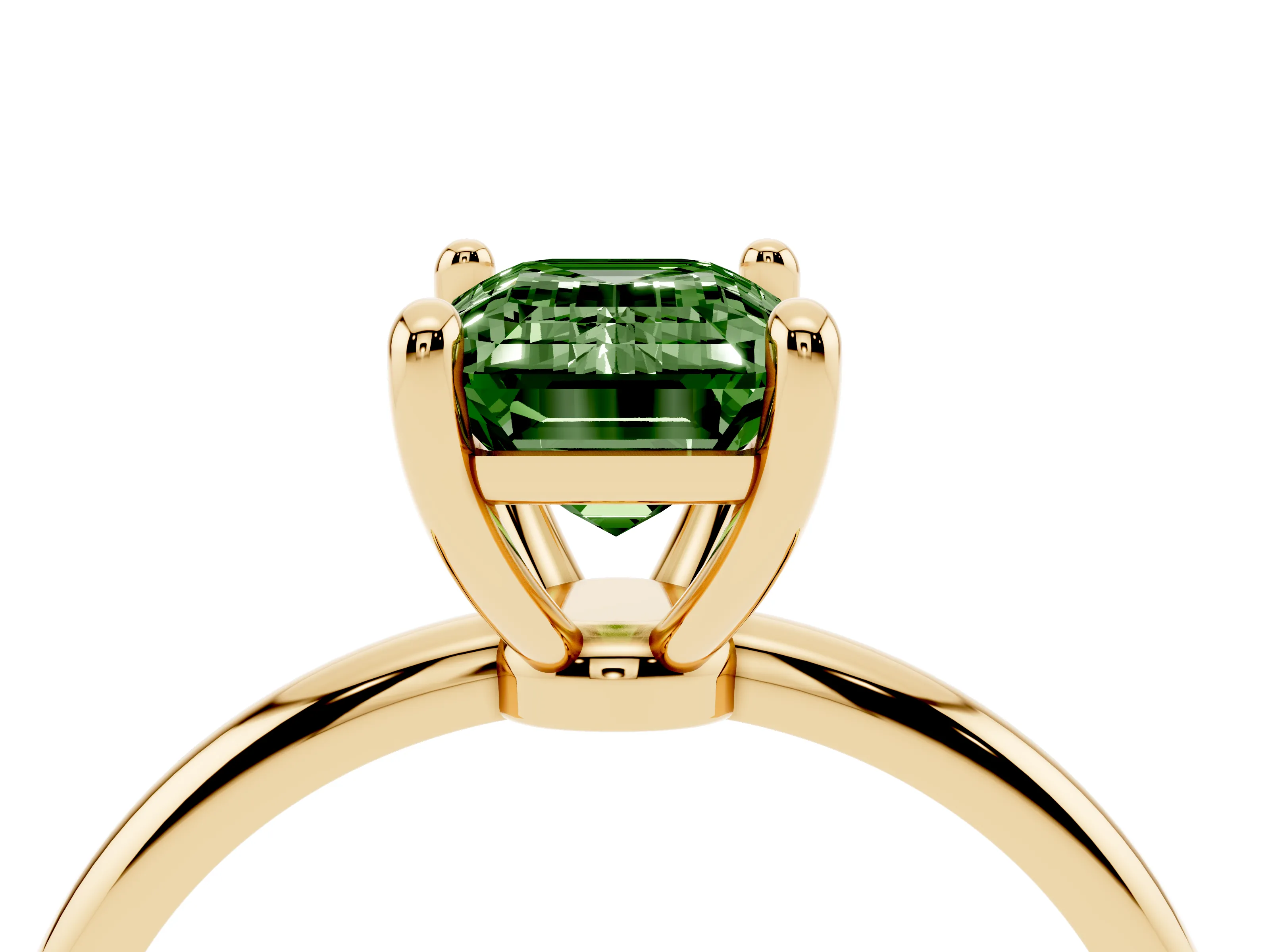 Fancy Green Emerald Cut Diamond Solitaire Ring Set in Yellow gold with Secure Prong Setting on a Classic Band