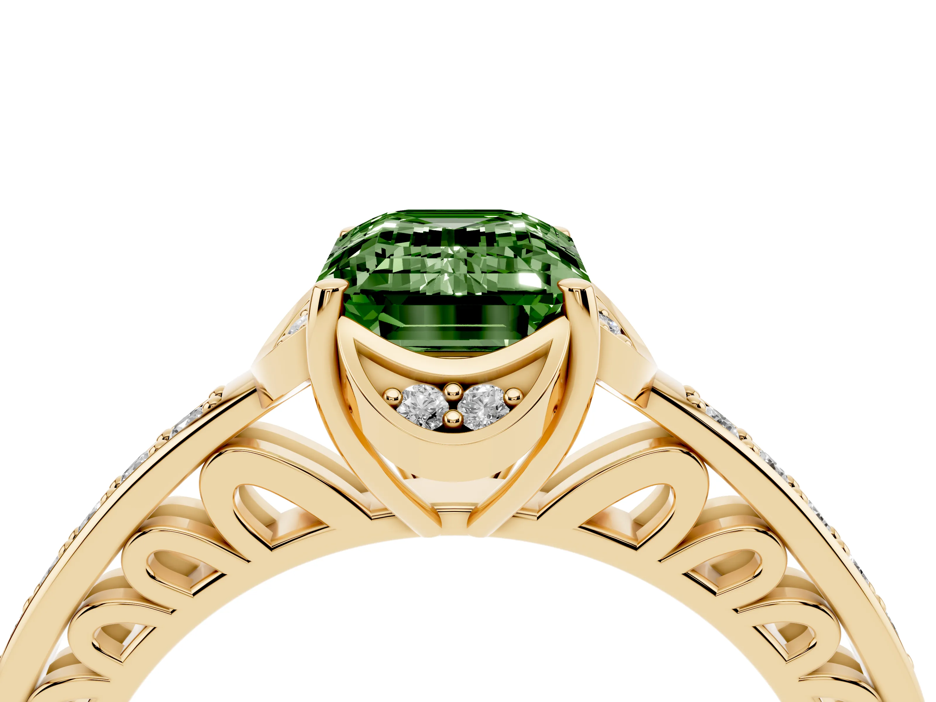 Fancy Green Emerald Cut Diamond Halo Ring Set in Yellow gold with Channel Set Band and Prong Setting