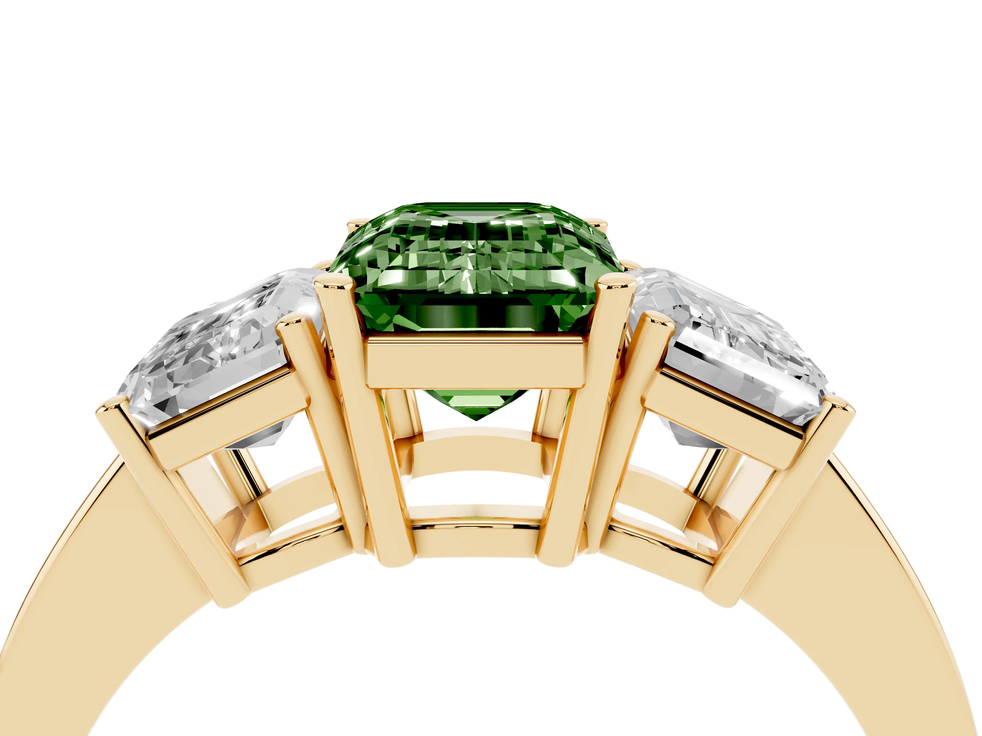 Fancy Green Emerald Cut Diamond Three-Stone Engagement Ring Set in Yellow gold with Flat Band