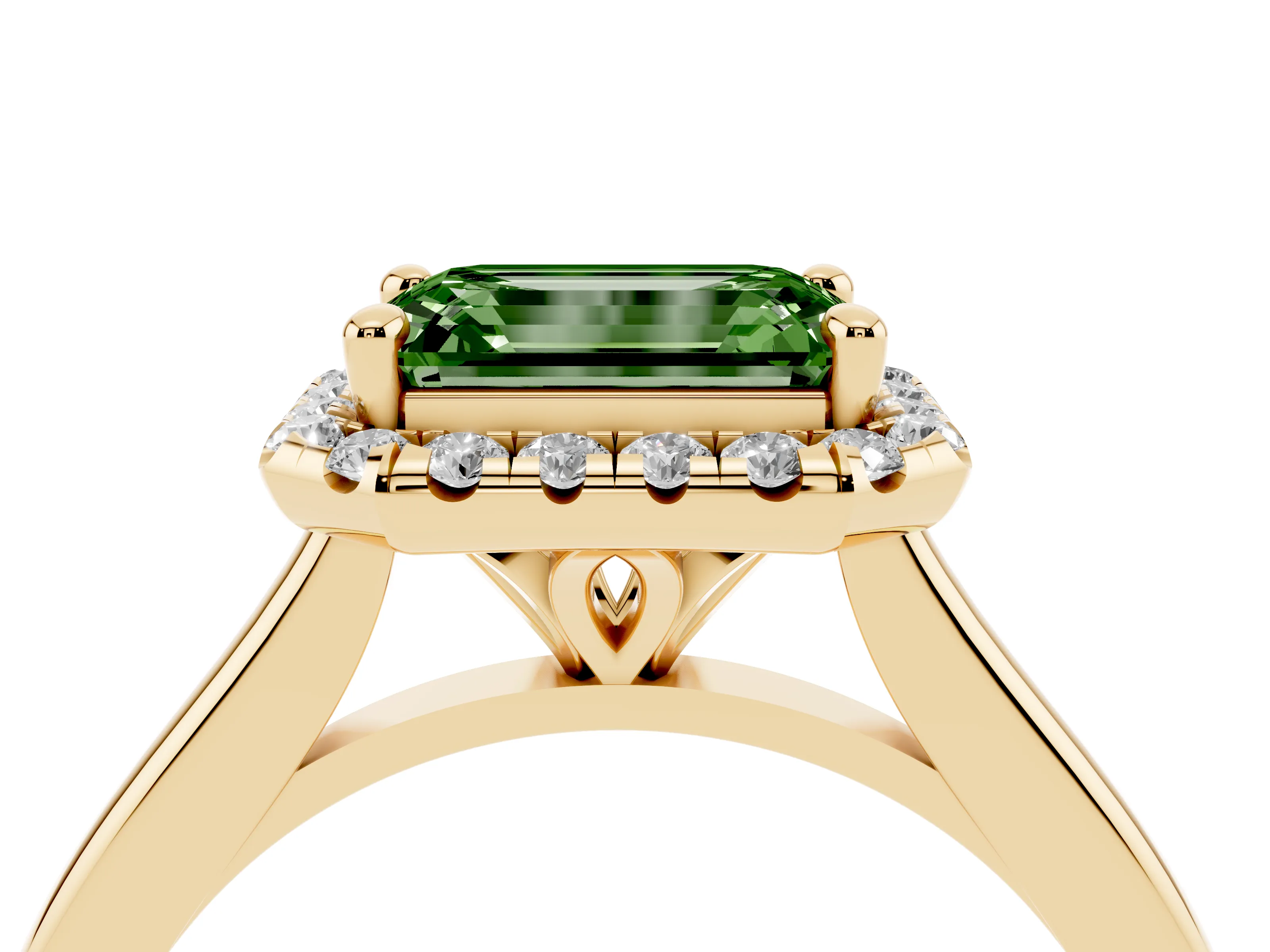 Fancy Green Emerald Cut Diamond Halo Engagement Ring Set in Yellow gold with Pavé Band and Rising Shoulders