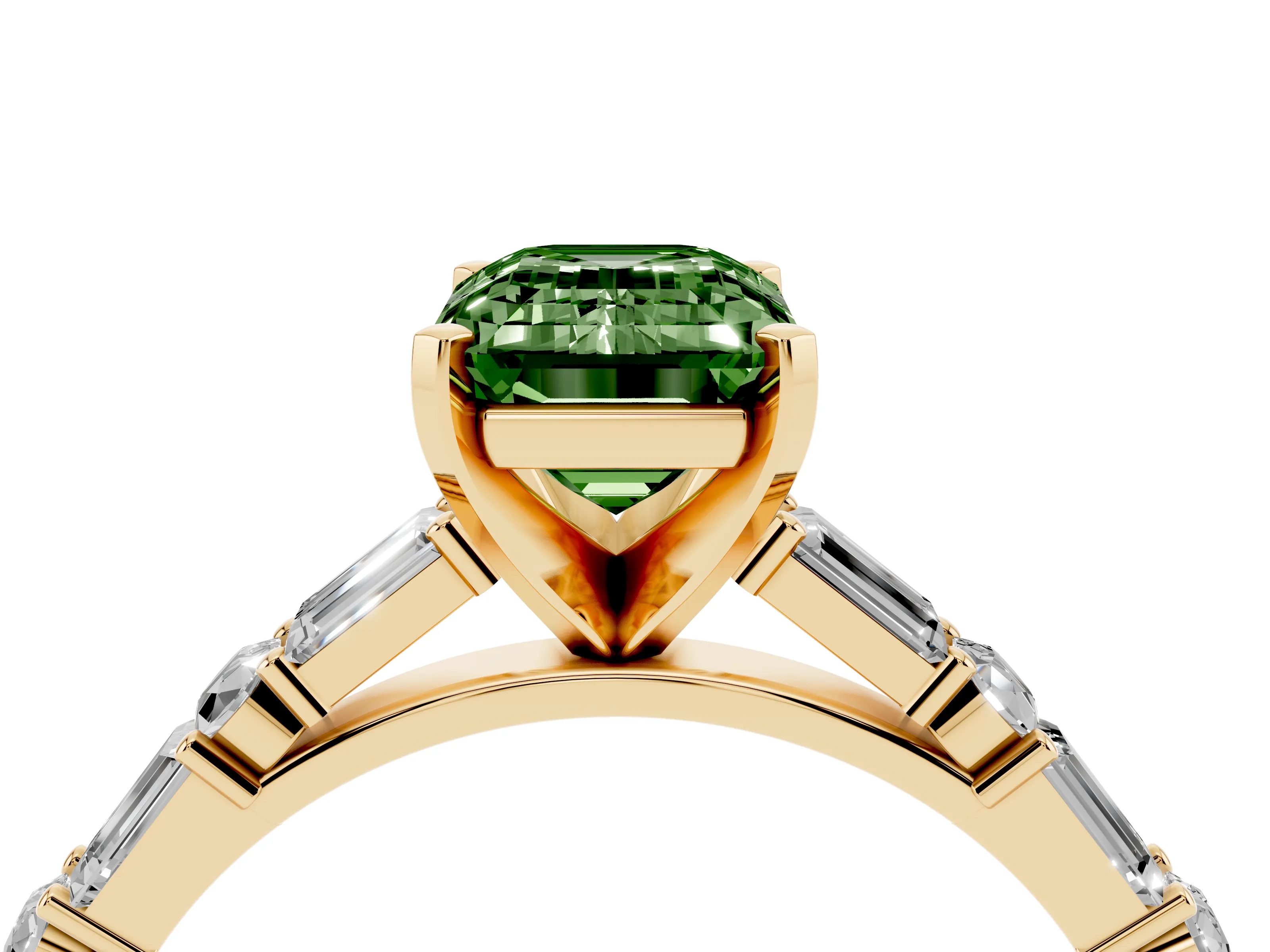 Fancy Green Emerald Cut Diamond Solitaire Set in Yellow gold with Side Baguettes and Channel Set Band