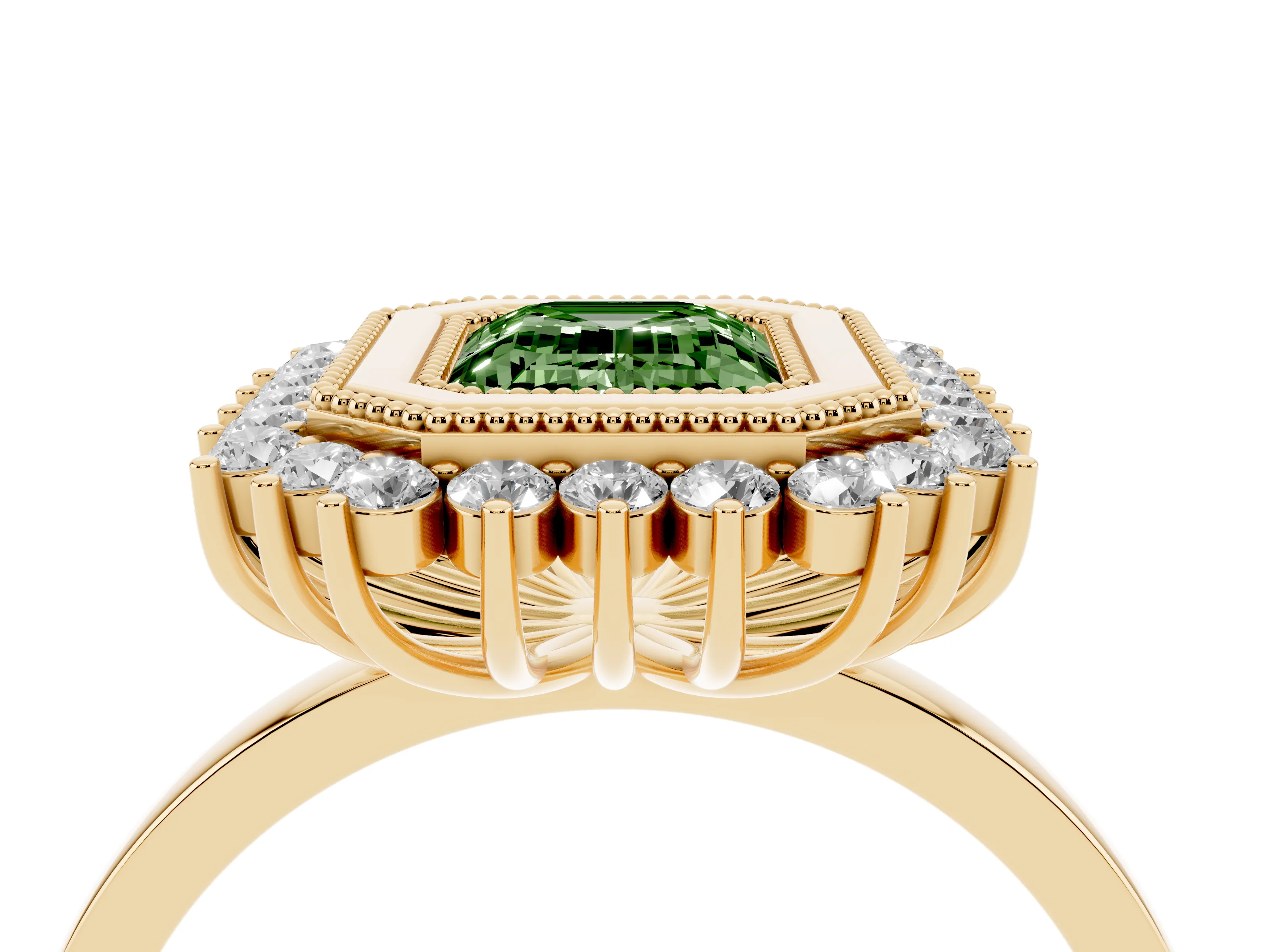 Fancy Green Emerald Cut Diamond Halo Ring Set in Yellow gold with Milgrain Edge and Round Prong Setting