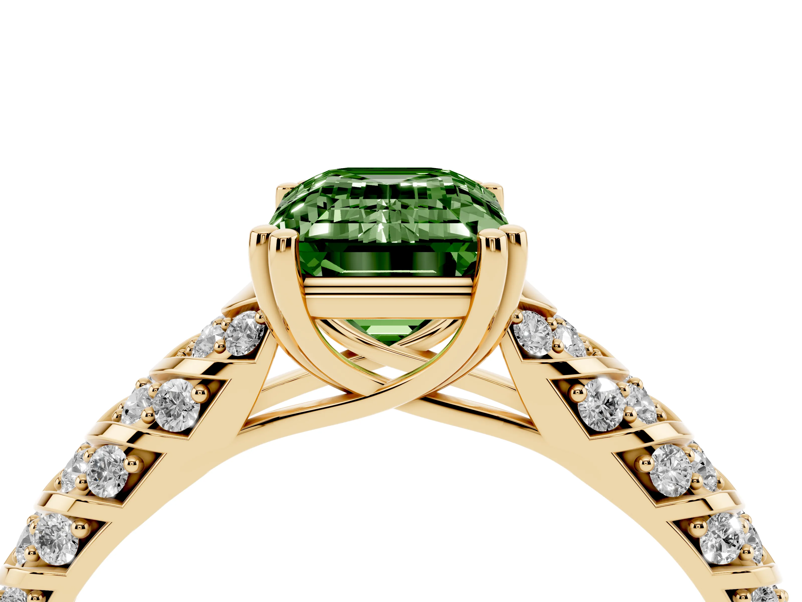 Fancy Green Emerald Cut Diamond Solitaire Chevron Pavé Engagement Ring Set in Yellow gold with Prong Setting