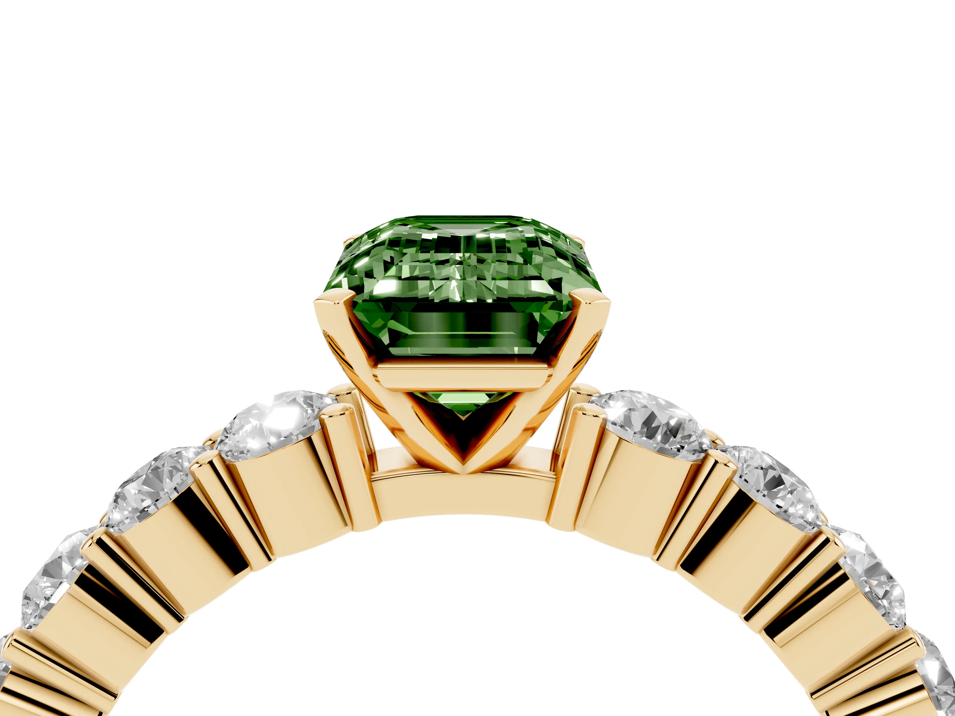 Fancy Green Emerald Cut Diamond Solitaire Ring Set in Yellow gold with Shared Prong Round Side Stones