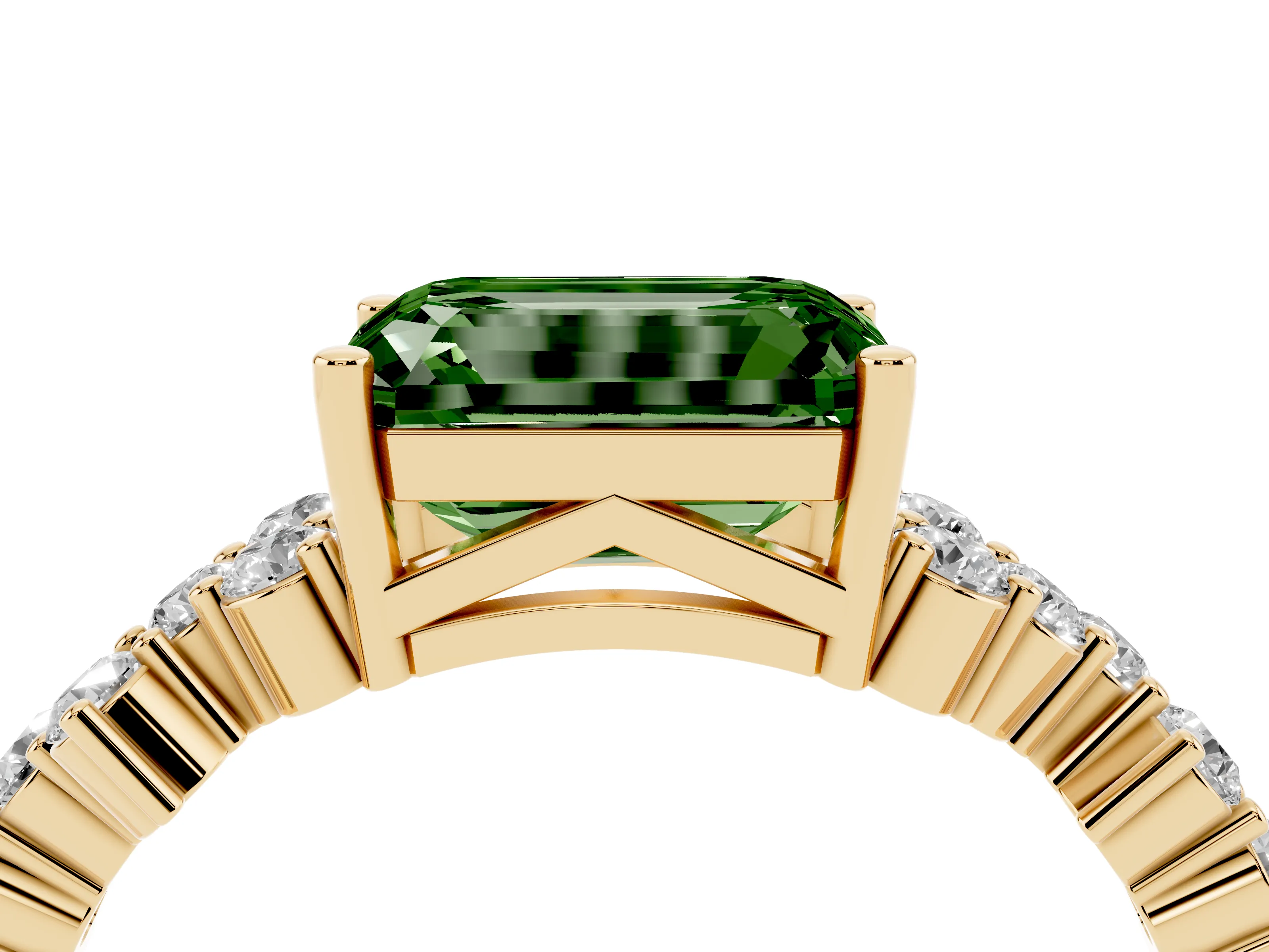 Fancy Green Emerald Cut Diamond Ring Set in Yellow gold with Scattered Round Accents