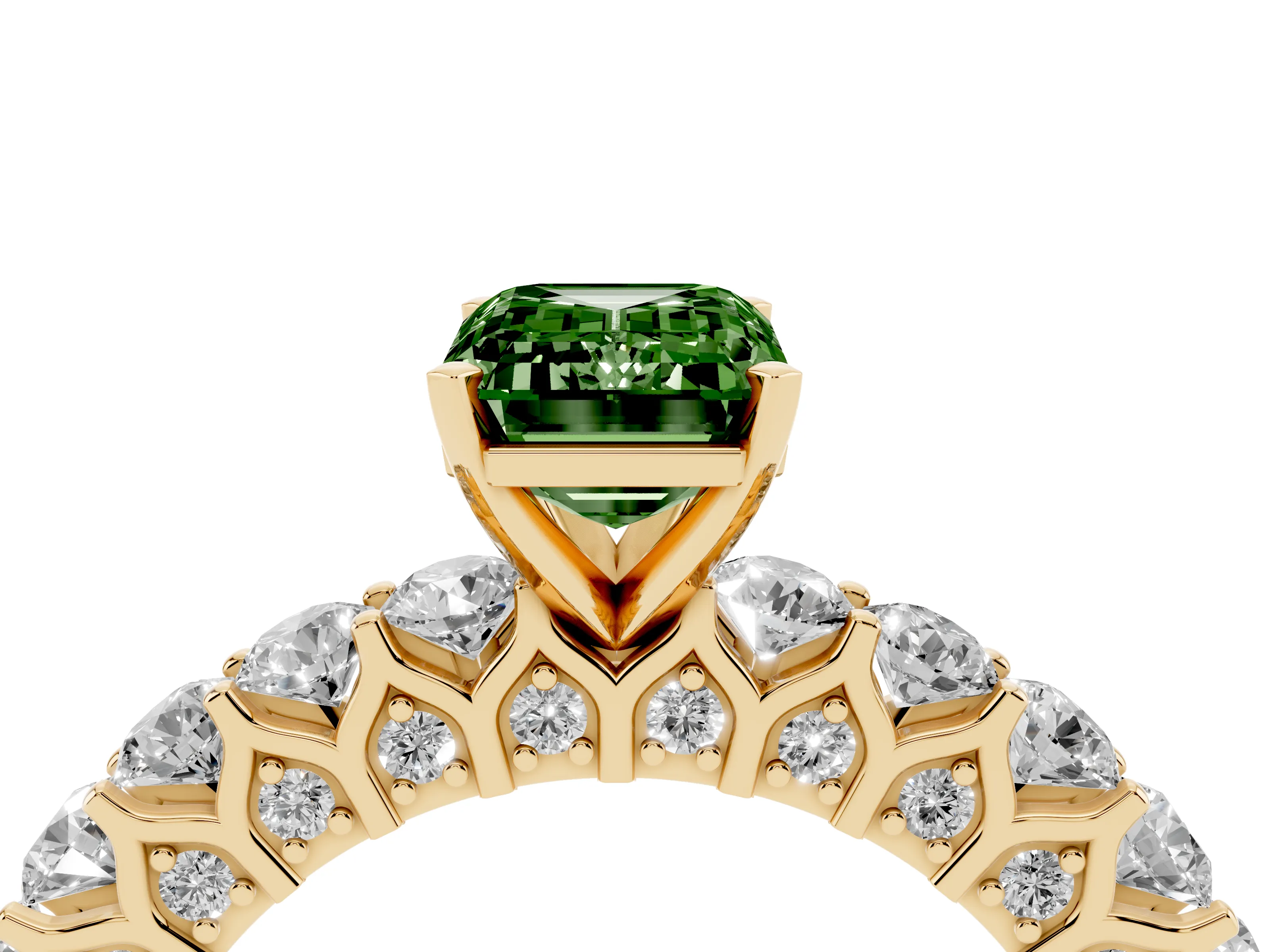 Fancy Green Emerald Cut Diamond Solitaire Ring Set in Yellow gold with Shared Prong Pavé Band