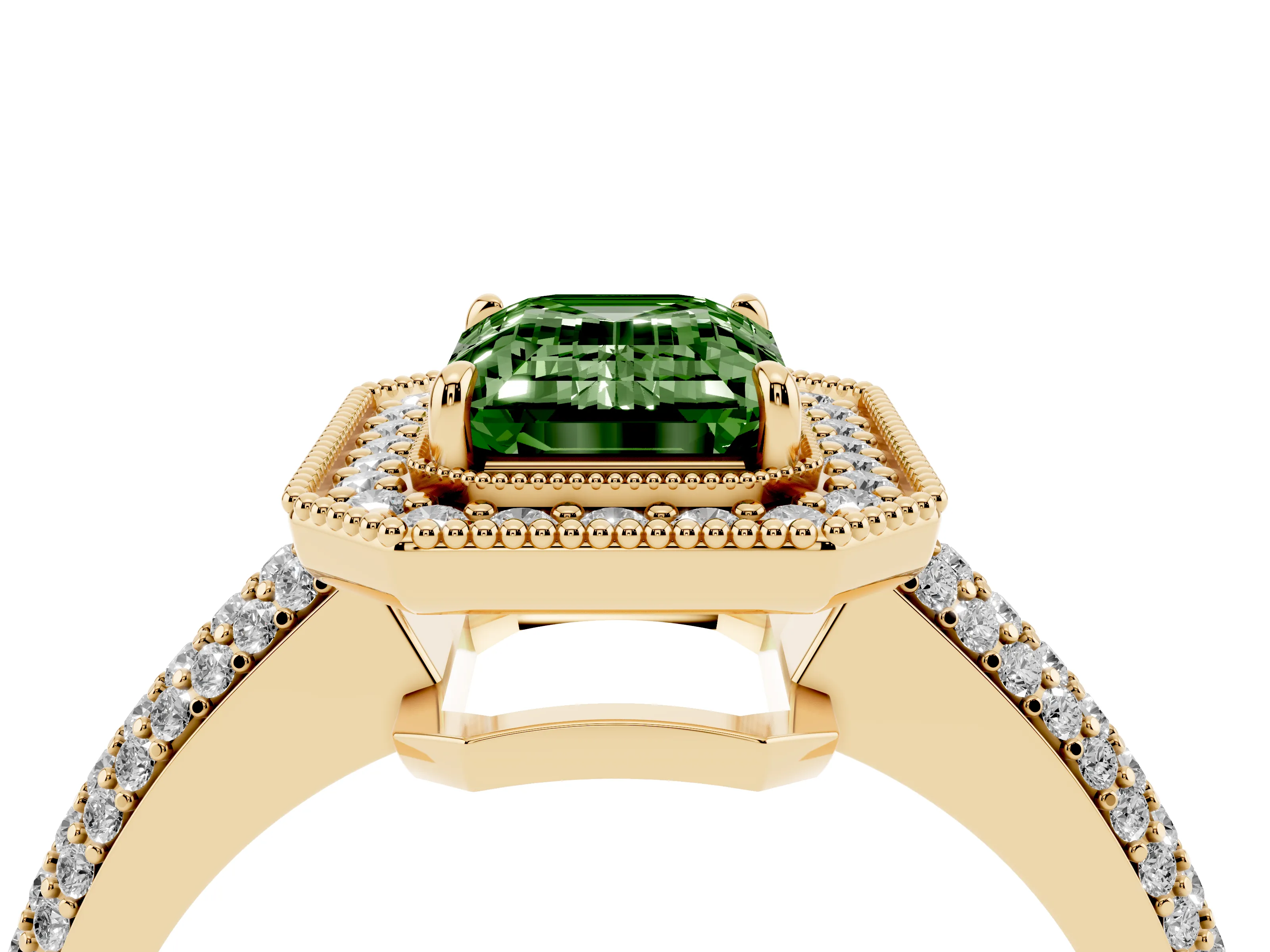 Fancy Green Emerald Cut Diamond Halo Pavé Band Set in Yellow gold with Prong Setting
