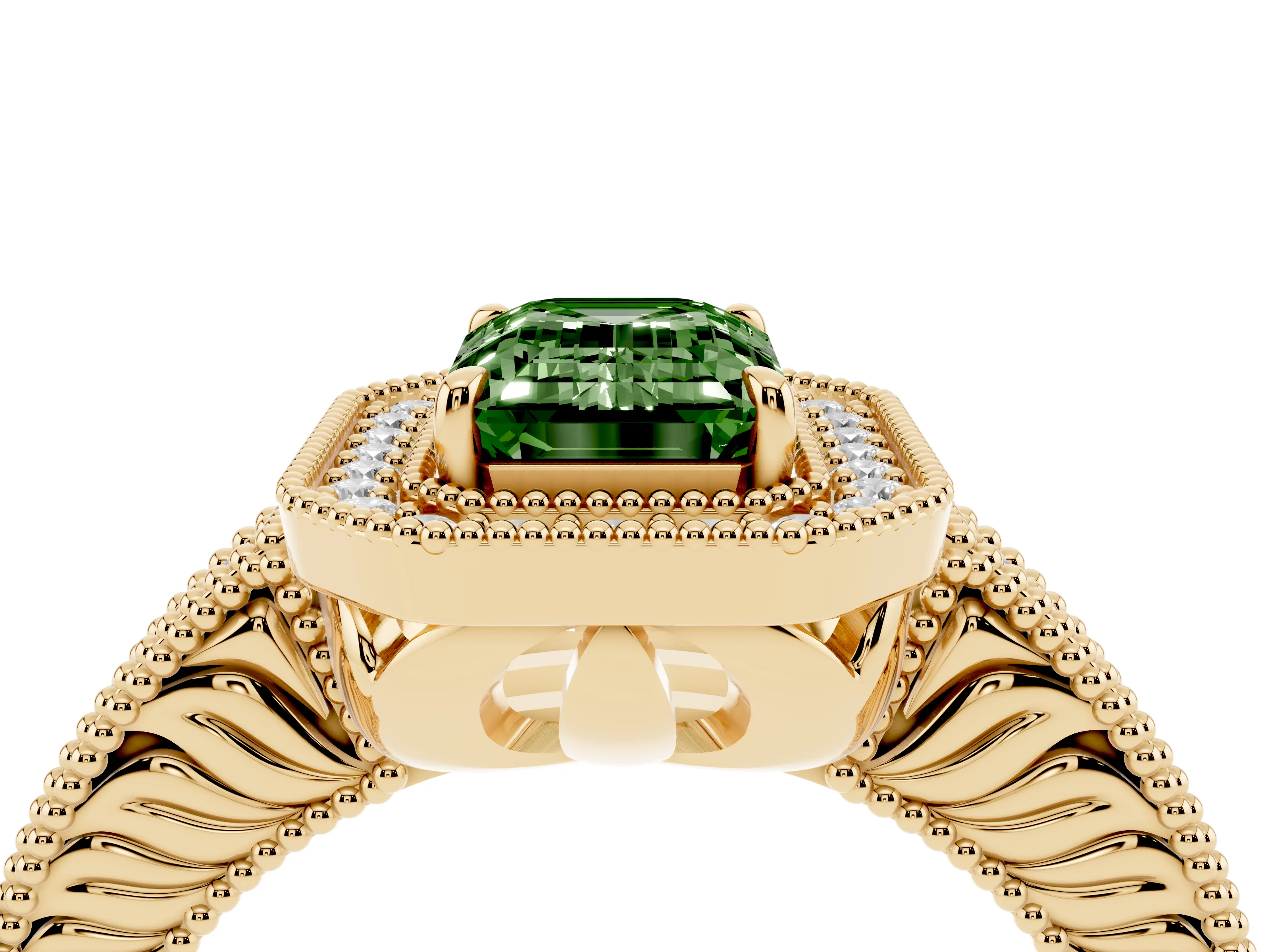 Fancy Green Emerald Cut Diamond Halo Ring Set in Yellow gold with Round Accent Halo, Pavé Band and Prong Setting