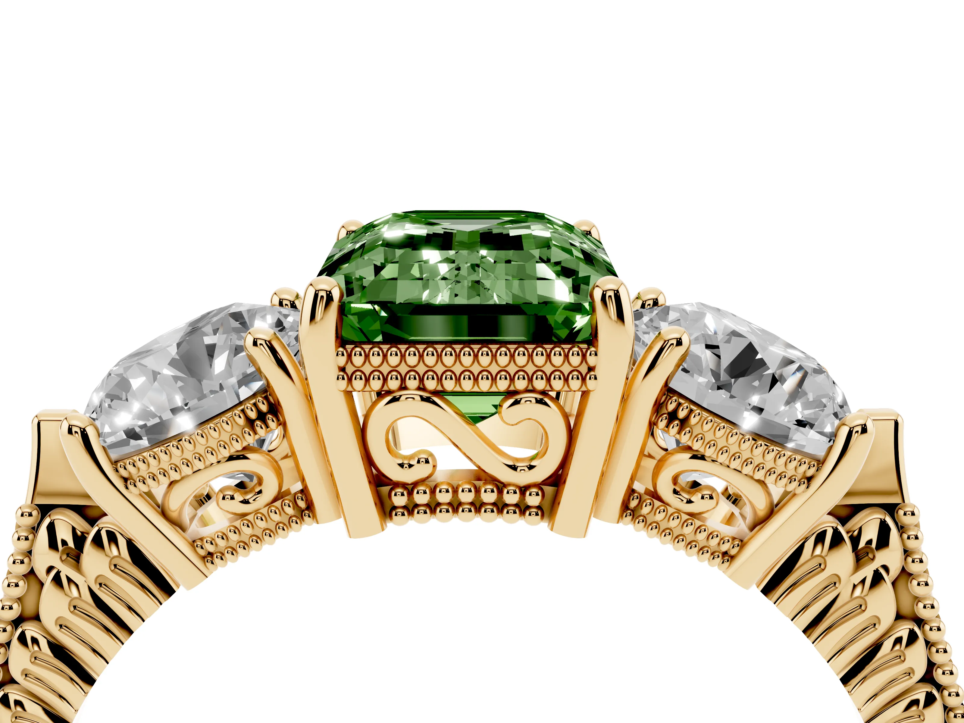 Fancy Green Emerald Cut Diamond Three-Stone Ring Set in Yellow gold with Milgrain Band