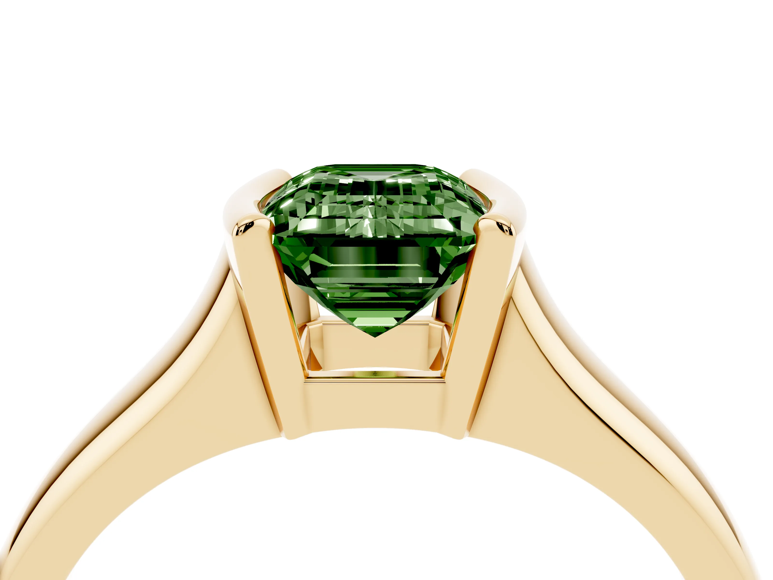 Fancy Green Emerald Cut Diamond Solitaire Tension Set Ring Set in Yellow gold with Split Shank Band