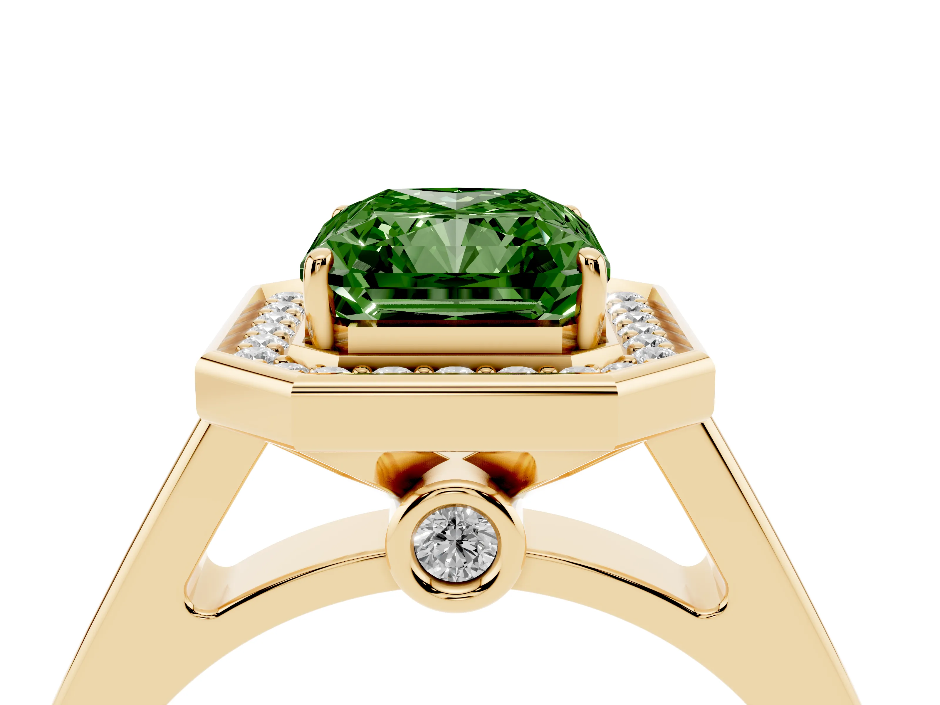 Fancy Green Emerald Cut Diamond Halo Solitaire Ring Set in Yellow gold with Pavé Band and Bezel Setting
