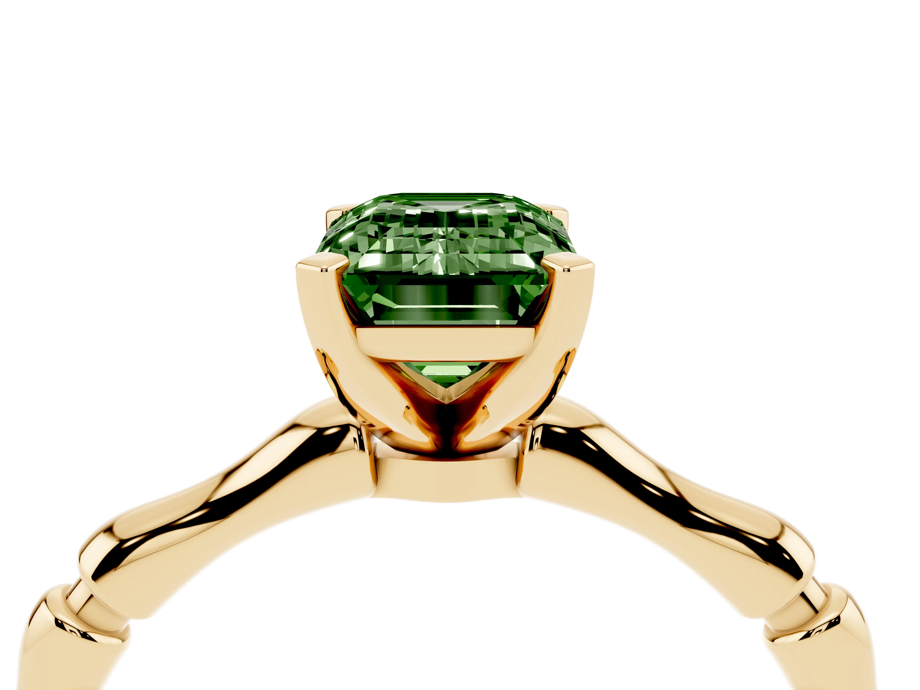 Fancy Green Emerald Cut Diamond Solitaire Ring Set in Yellow gold with Bamboo Band and Prong Setting
