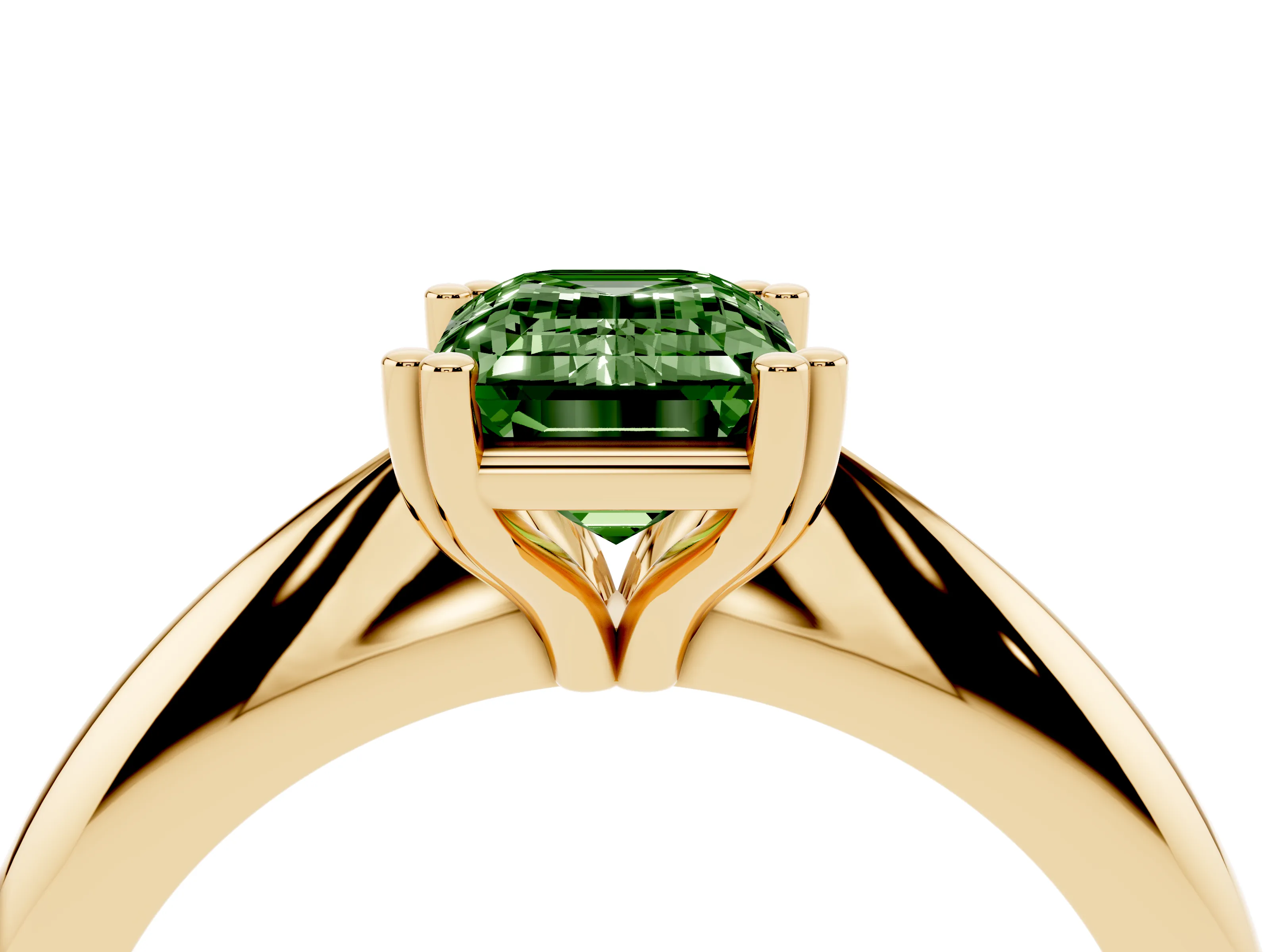 Fancy Green Emerald Cut Diamond Solitaire Engagement Ring Set in Yellow gold with Tapered Band and Prong Setting