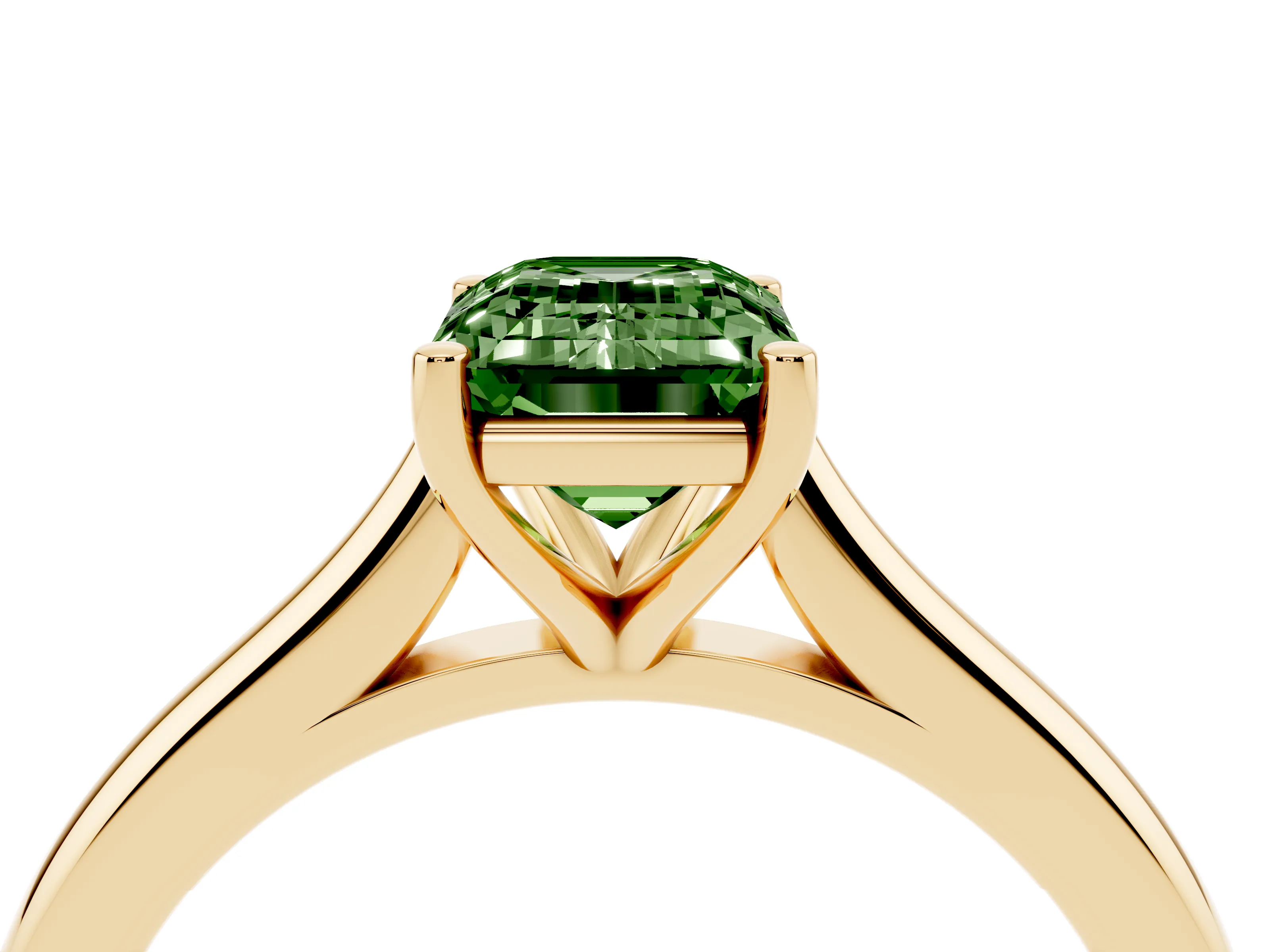Fancy Green Emerald Cut Diamond Solitaire Ring Set in Yellow gold with Cathedral Band and Prong Setting