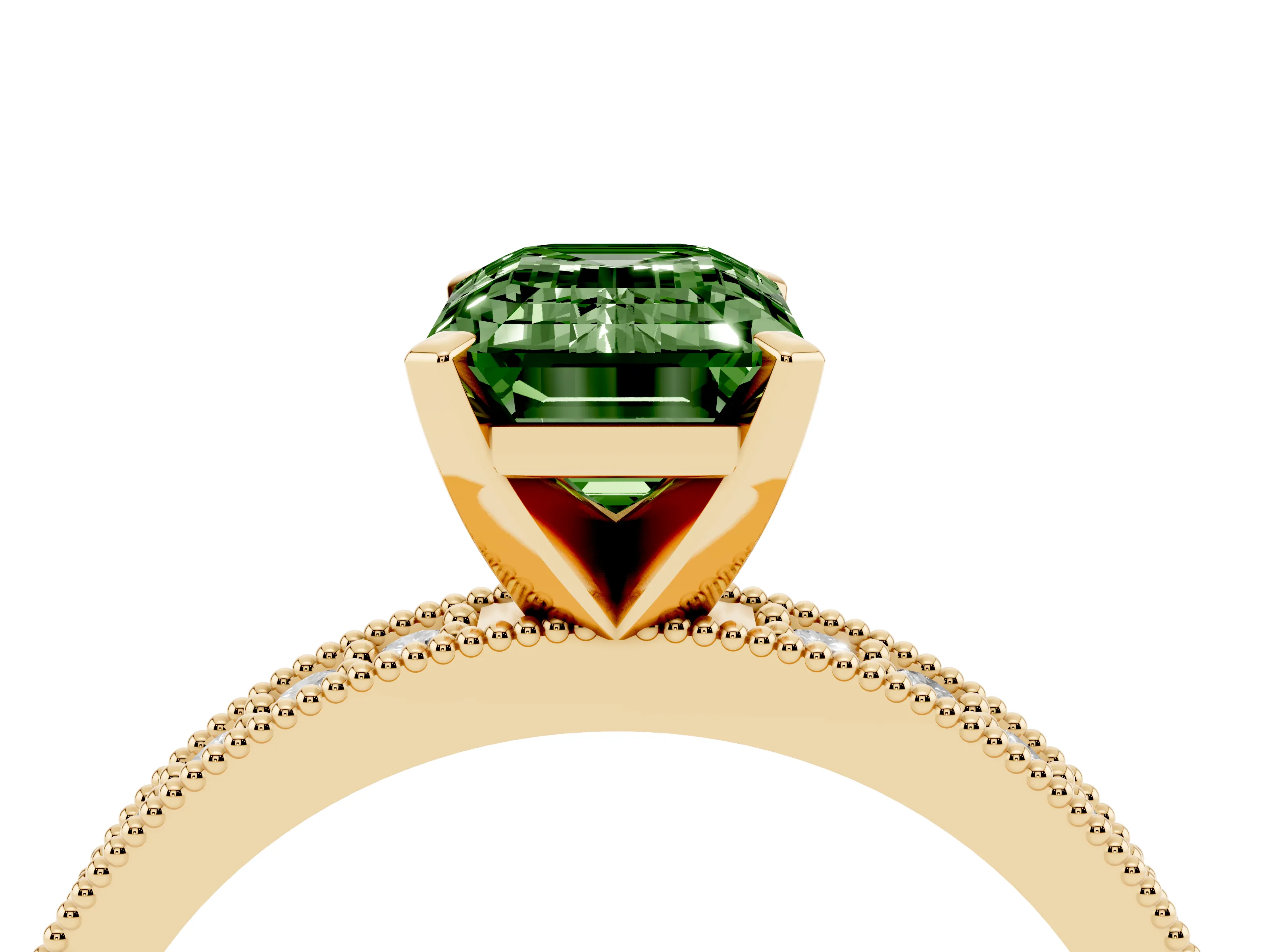 Fancy Green Emerald Cut Diamond Milgrain Pavé Engagement Ring Set in Yellow gold with Prong Setting