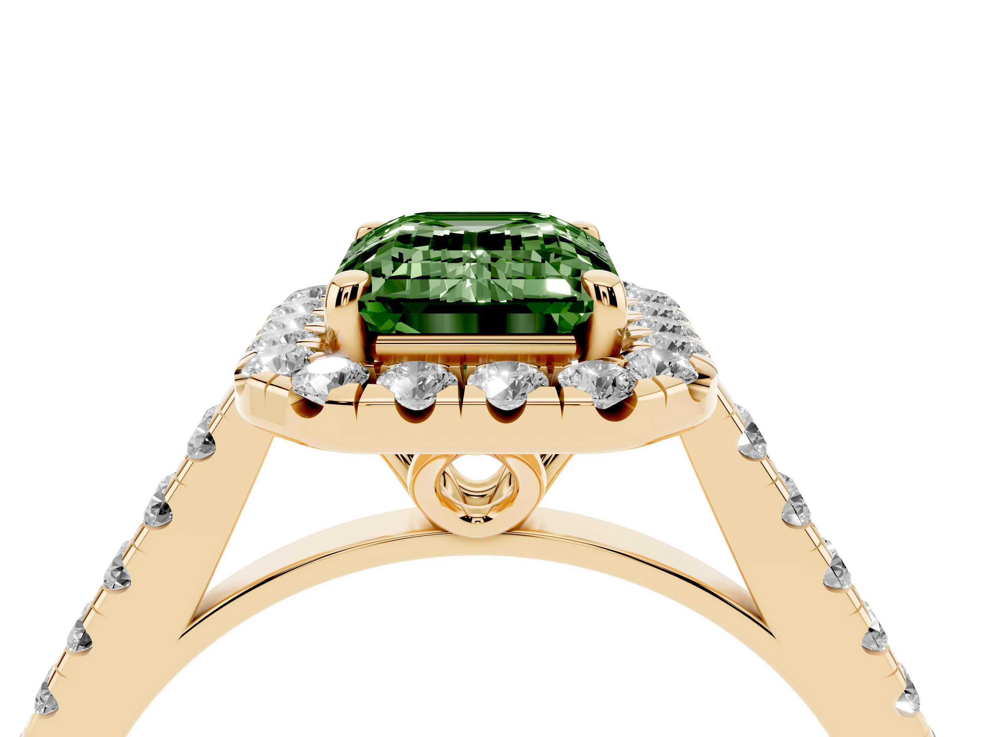 Fancy Green Emerald Cut Diamond Pavé Halo Engagement Ring Set in Yellow gold with Pavé Band and Prong Setting