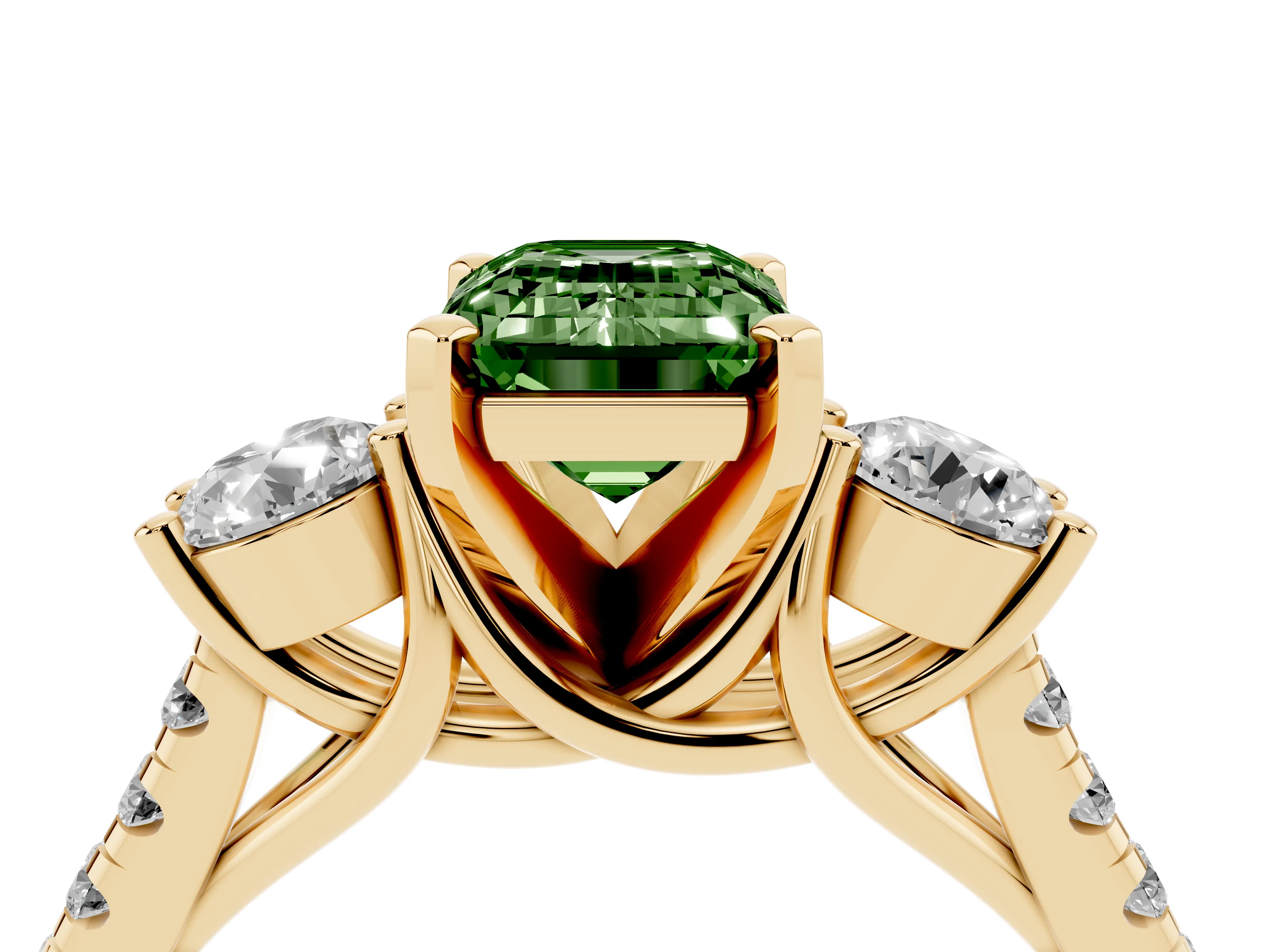 Fancy Green Three-Stone Emerald Cut Diamond Pavé Band Ring Set in Yellow gold with Prong-Set Trio