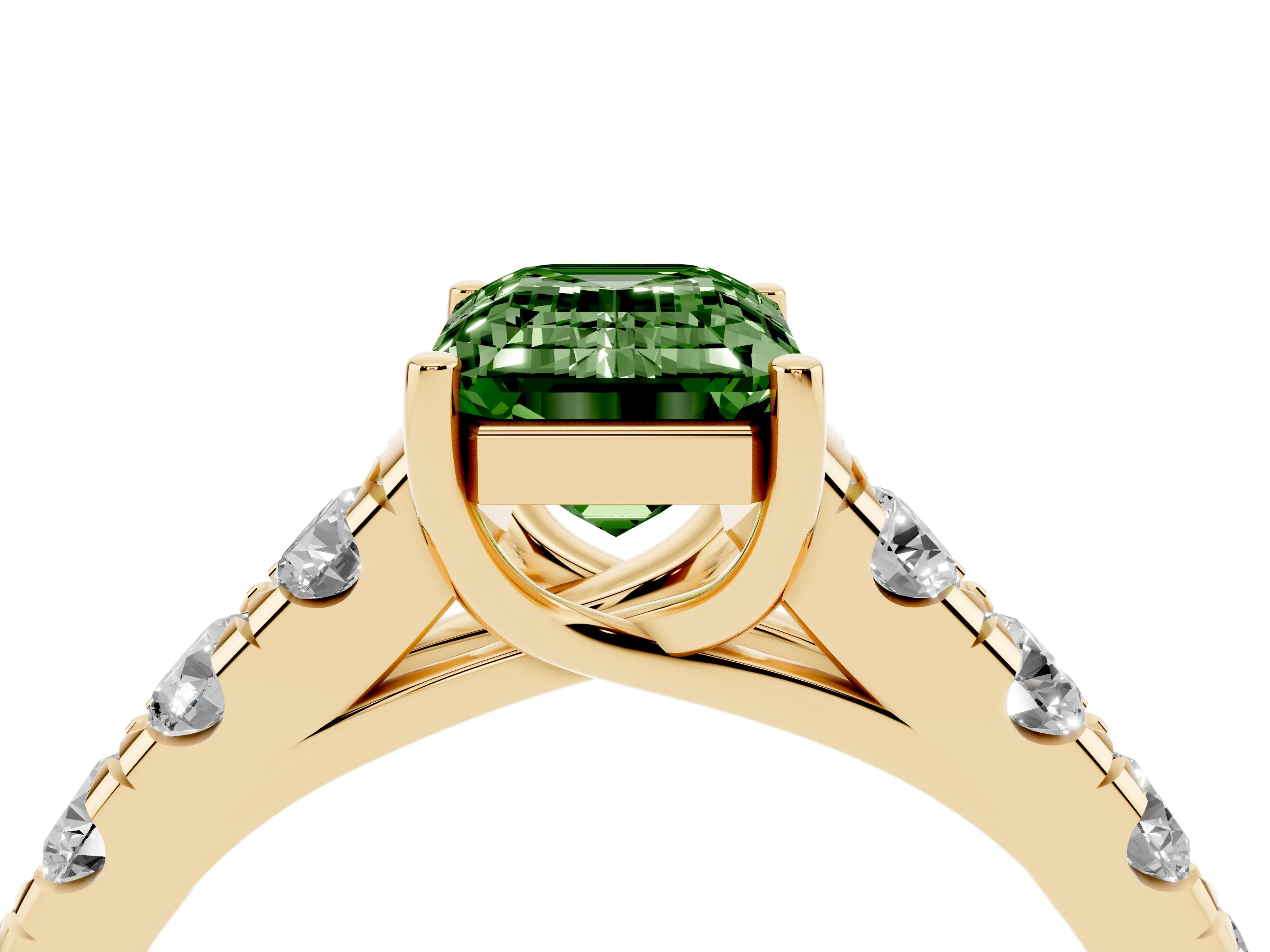 Fancy Green Emerald Cut Diamond Solitaire Ring Set in Yellow gold with Cut-Down Micro Pavé Band and Prong Setting