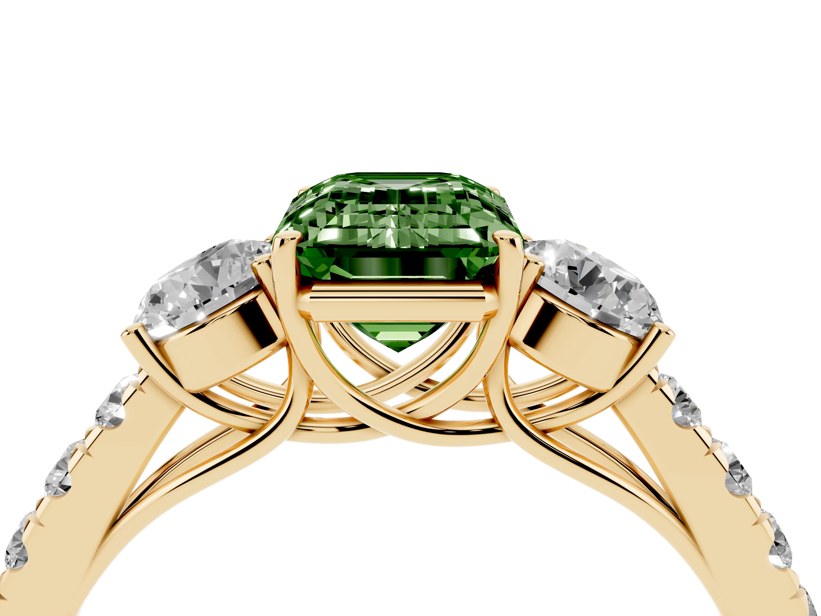 Fancy Green Emerald Cut Diamond Three-Stone Ring Set in Yellow gold with Round Side Stones and Delicate Pavé Band