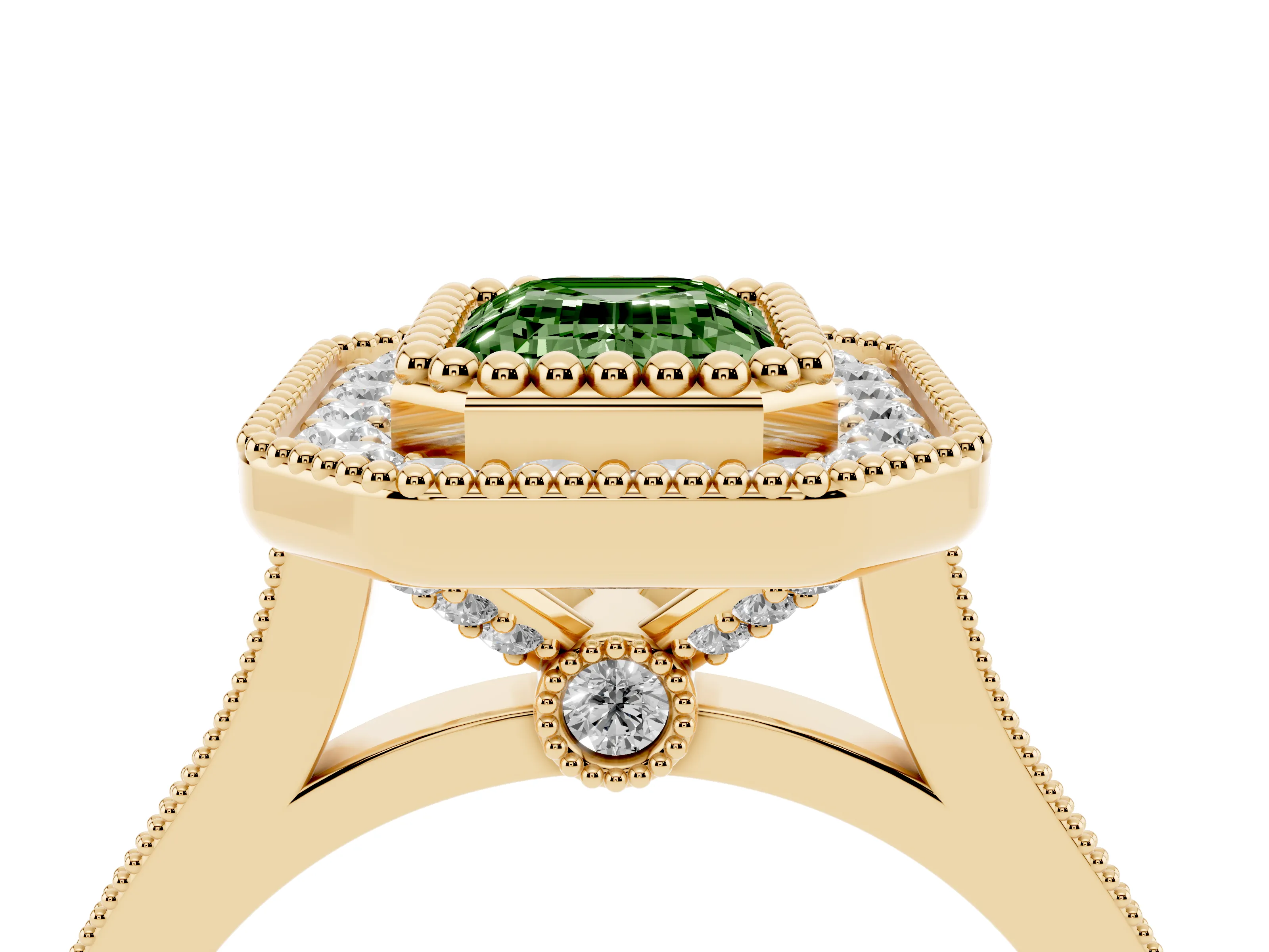 Fancy Green Emerald Cut Diamond Halo Ring Set in Yellow gold with Milgrain Frame and Pavé Band