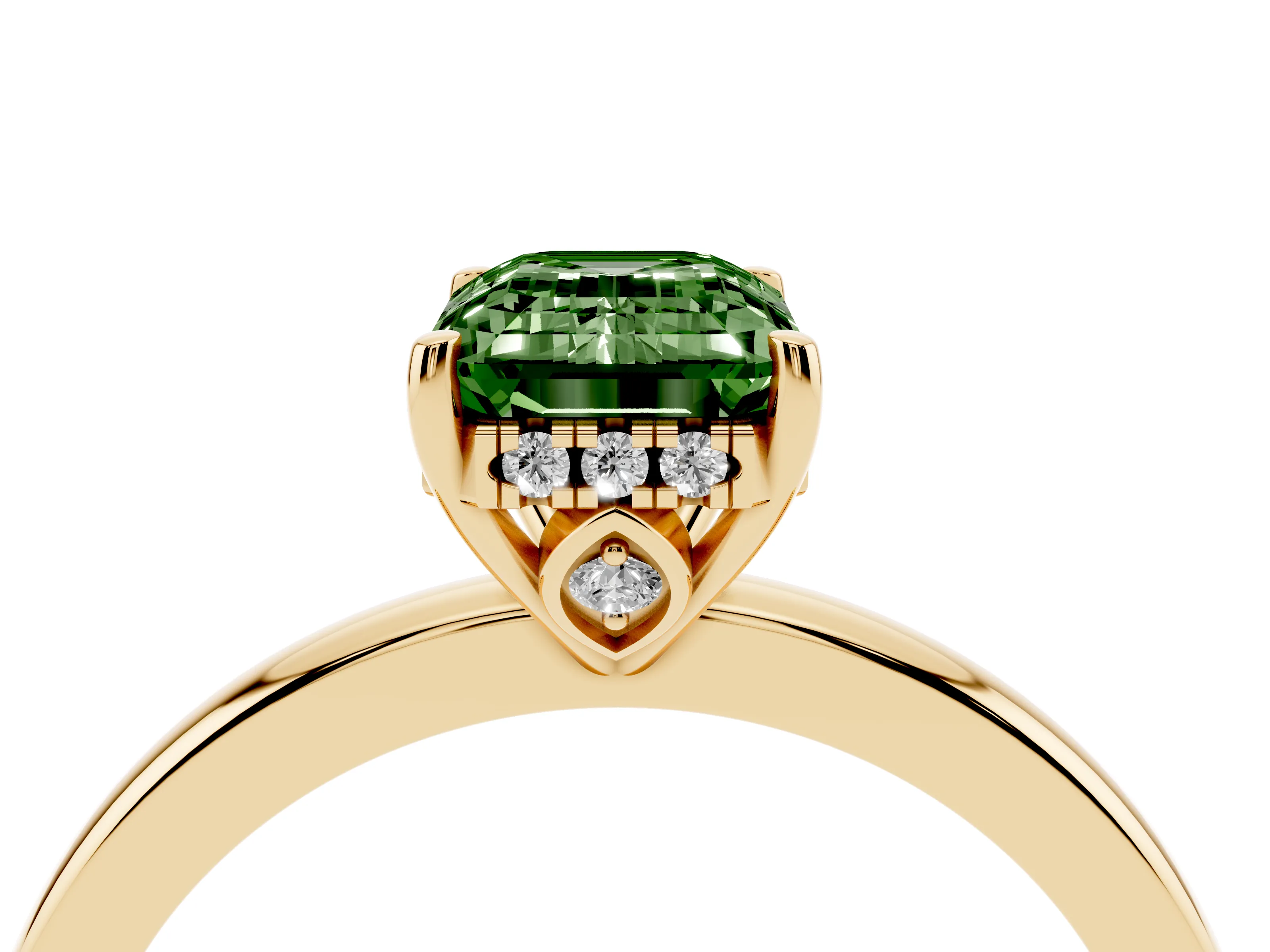 Fancy Green Emerald Cut Diamond Solitaire Ring Set in Yellow gold with Plain Band and Prong Setting