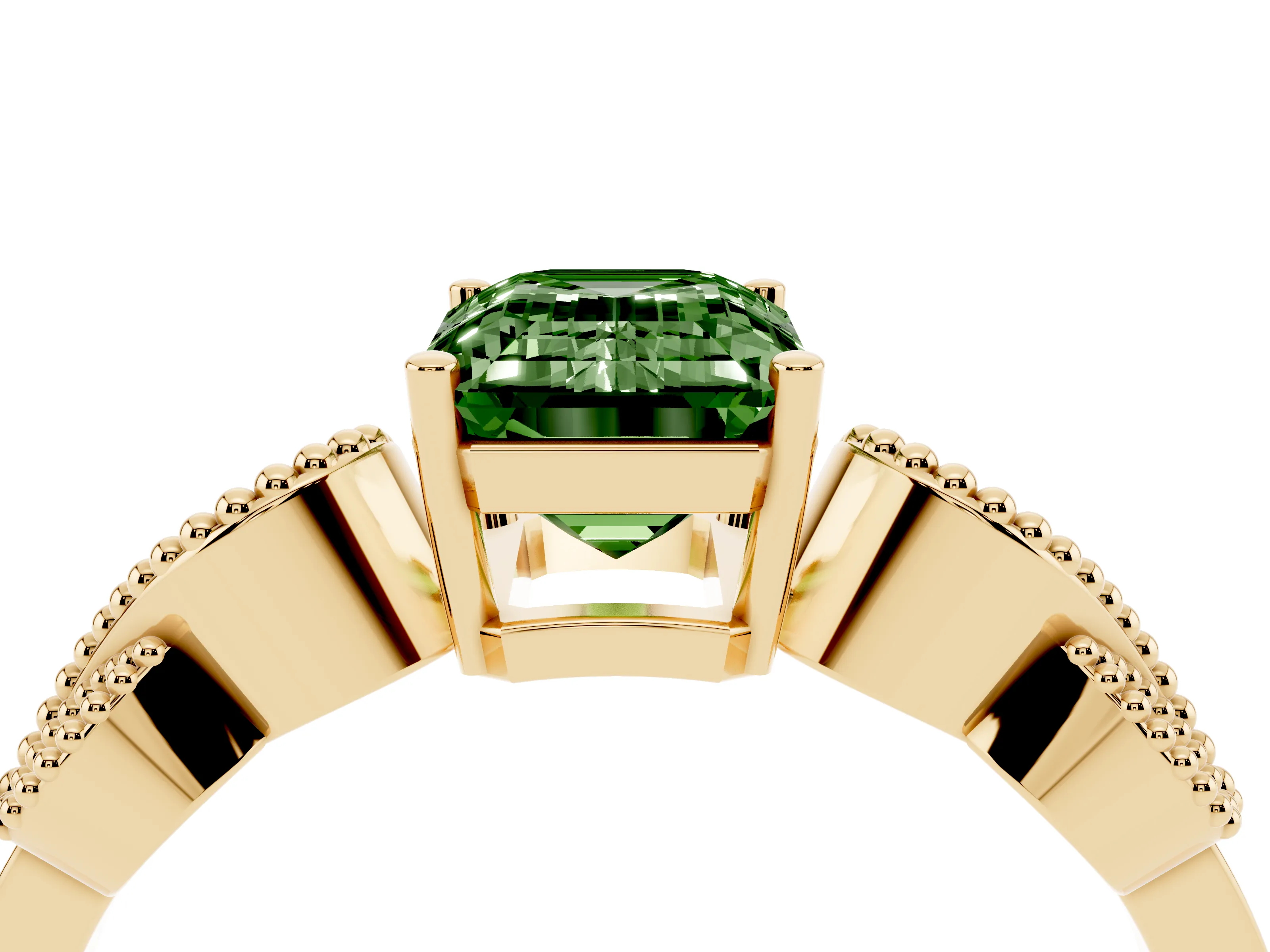 Fancy Green Emerald Cut Diamond Milgrain Leaf Band Solitaire Ring Set in Yellow gold with Accent Stones and Prong Setting