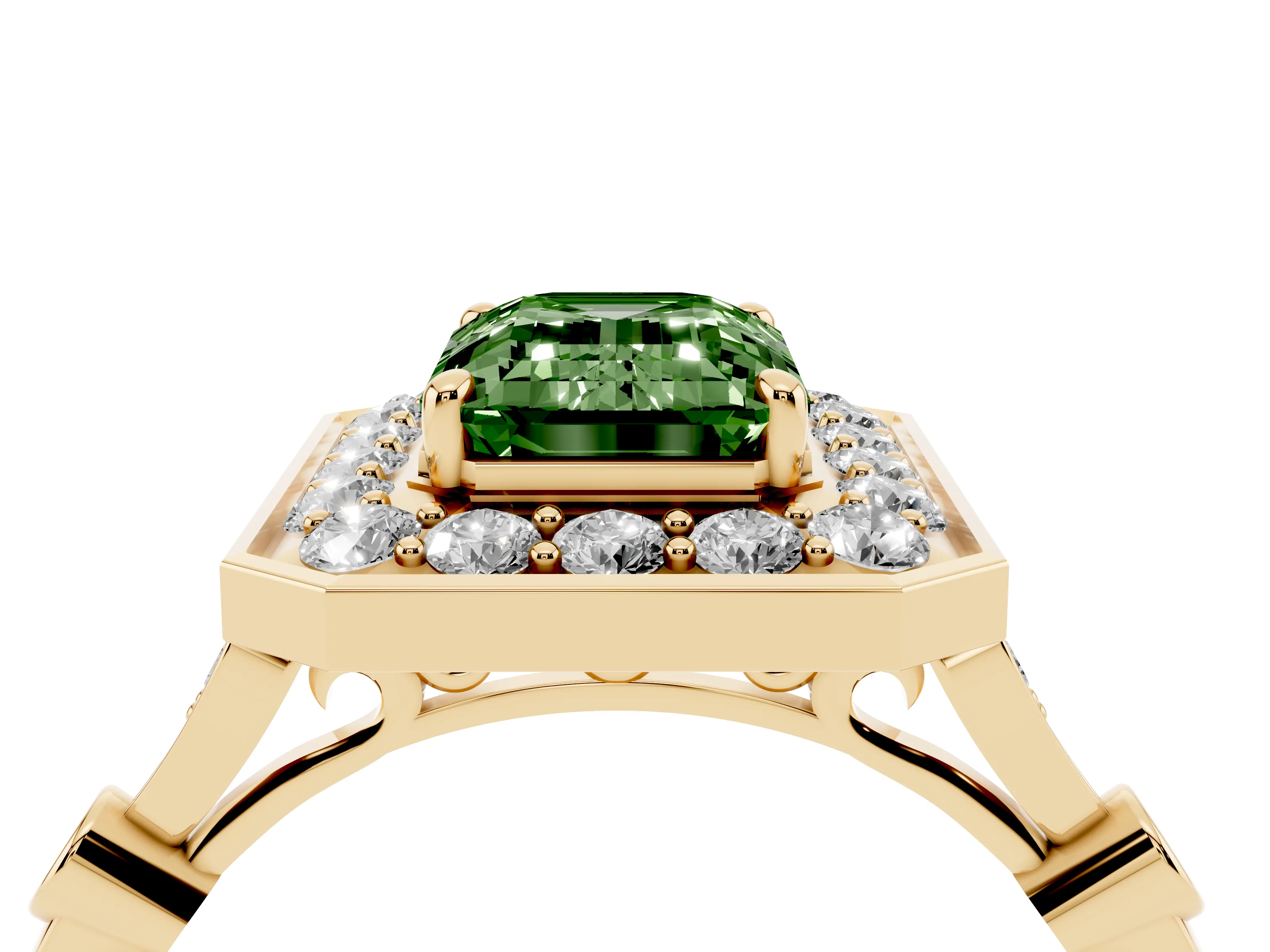 Fancy Green Emerald Cut Diamond Halo Engagement Ring Set in Yellow gold with Twisted Band and Prong Setting