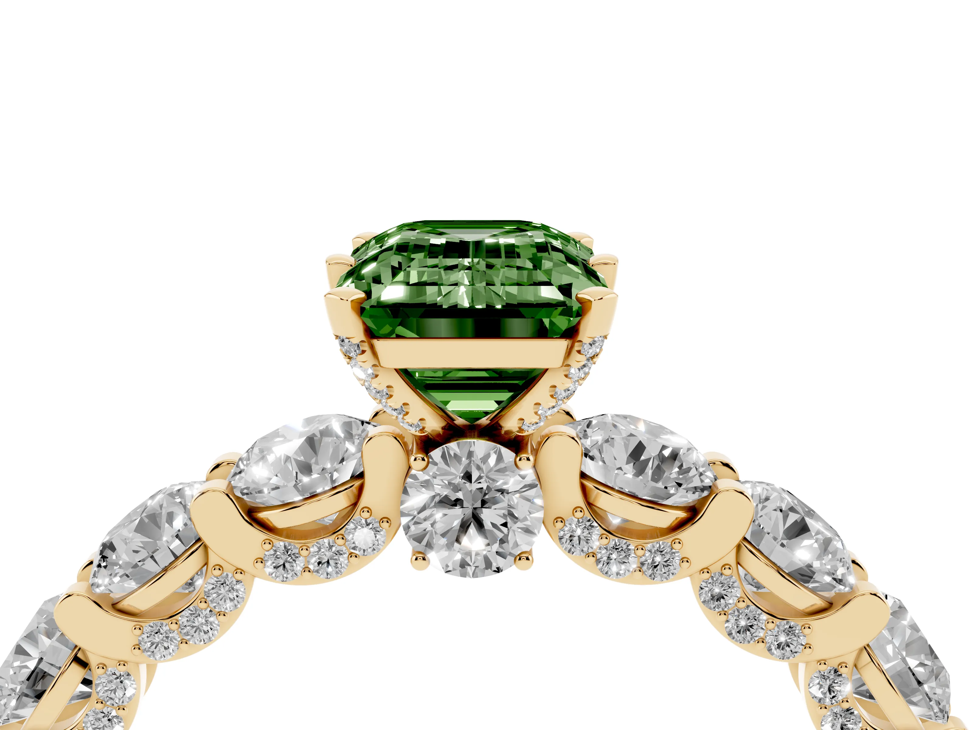 Fancy Green Emerald Cut Diamond Side Stone Ring Set in Yellow gold with Alternating Round and Oval Side Stones