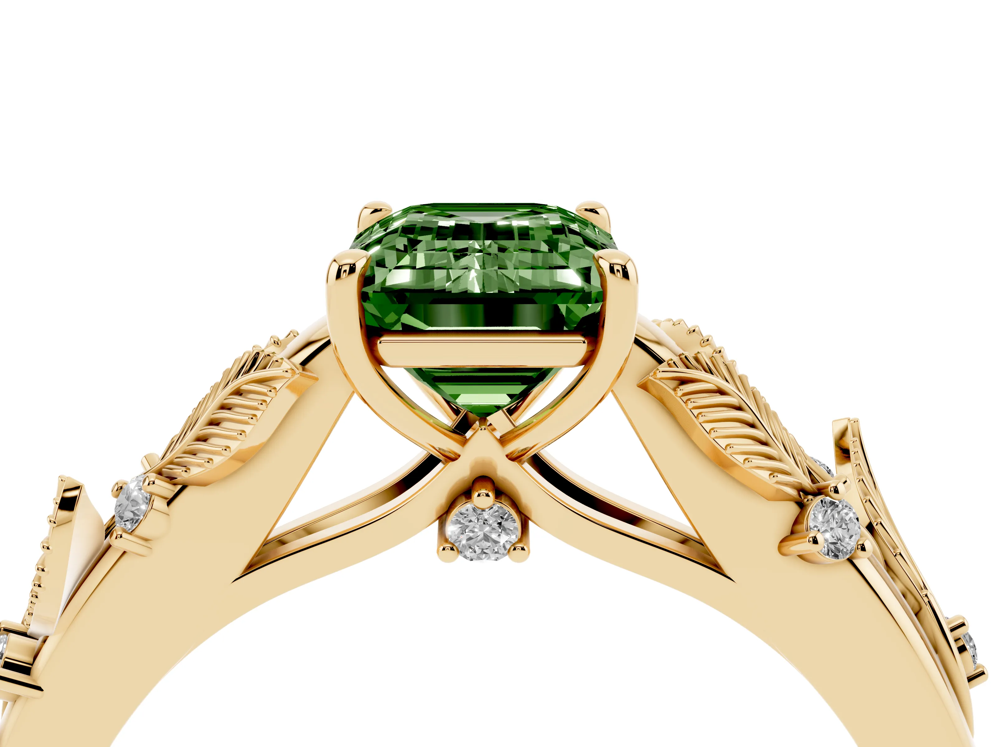 Fancy Green Emerald Cut Diamond Solitaire Ring Set in Yellow gold with Leaf Motif Band