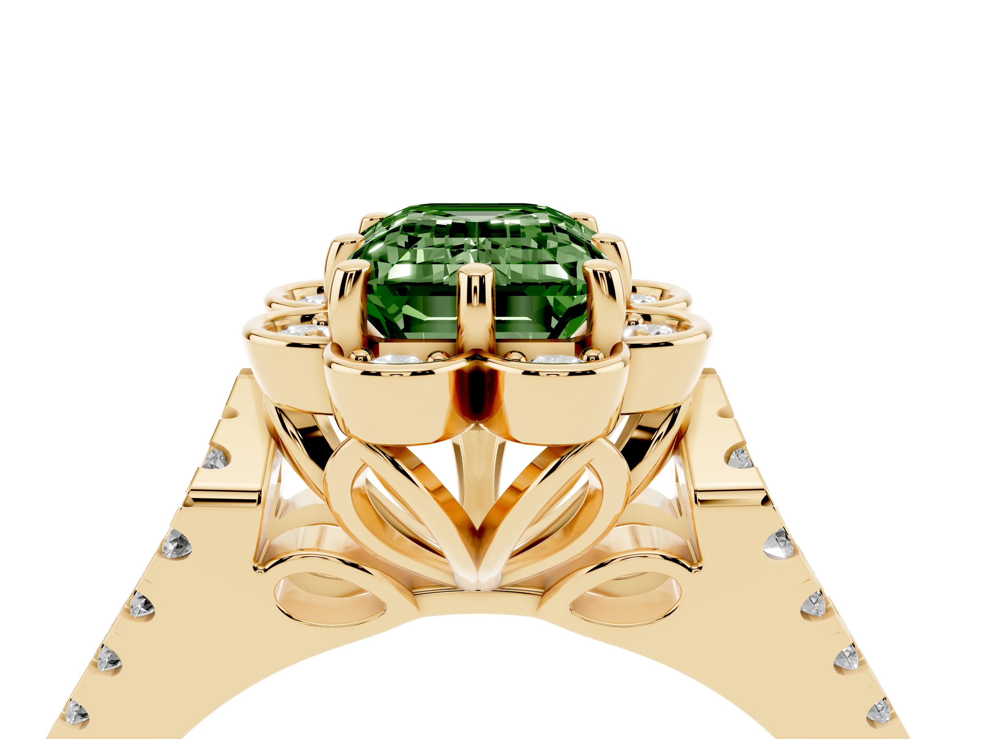 Fancy Green Emerald Cut Diamond Floral Halo Split Shank Engagement Ring Set in Yellow gold with Pavé Shank