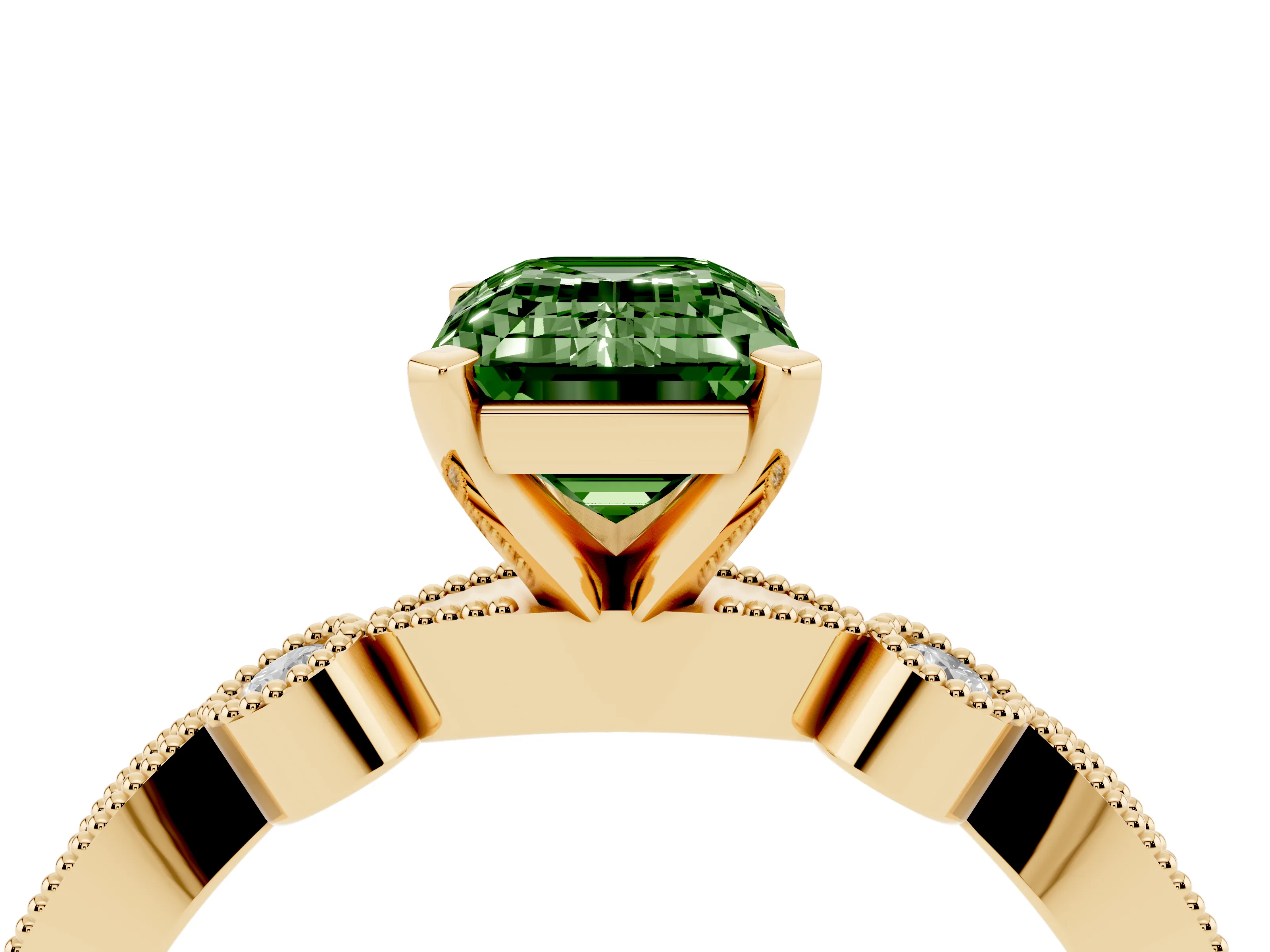 Fancy Green Emerald Cut Diamond Solitaire Engagement Ring Set in Yellow gold with Milgrain Bezel Accent Band
