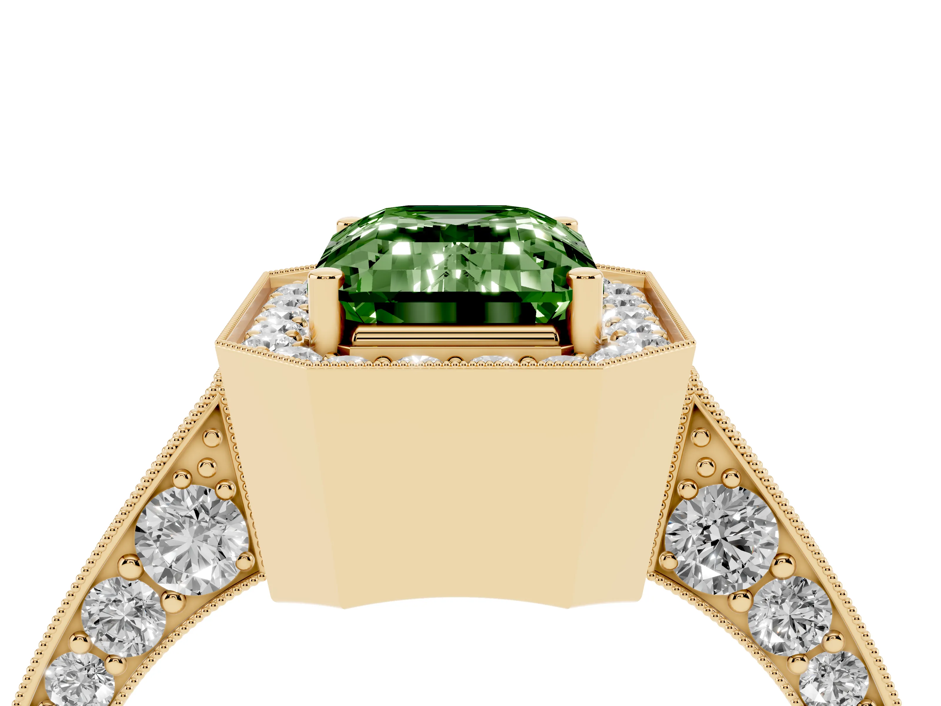 Fancy Green Emerald Cut Diamond Halo Engagement Ring Set in Yellow gold with Accent Split Shank Band