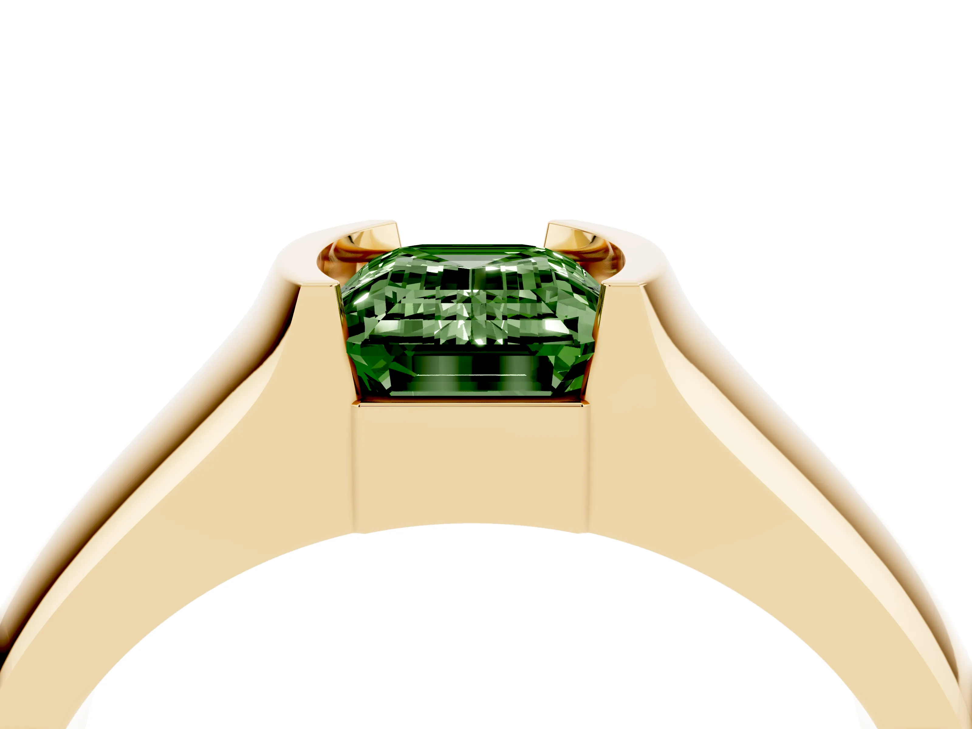 Fancy Green Emerald Cut Diamond Bezel Solitaire Ring Set in Yellow gold with Wide Band