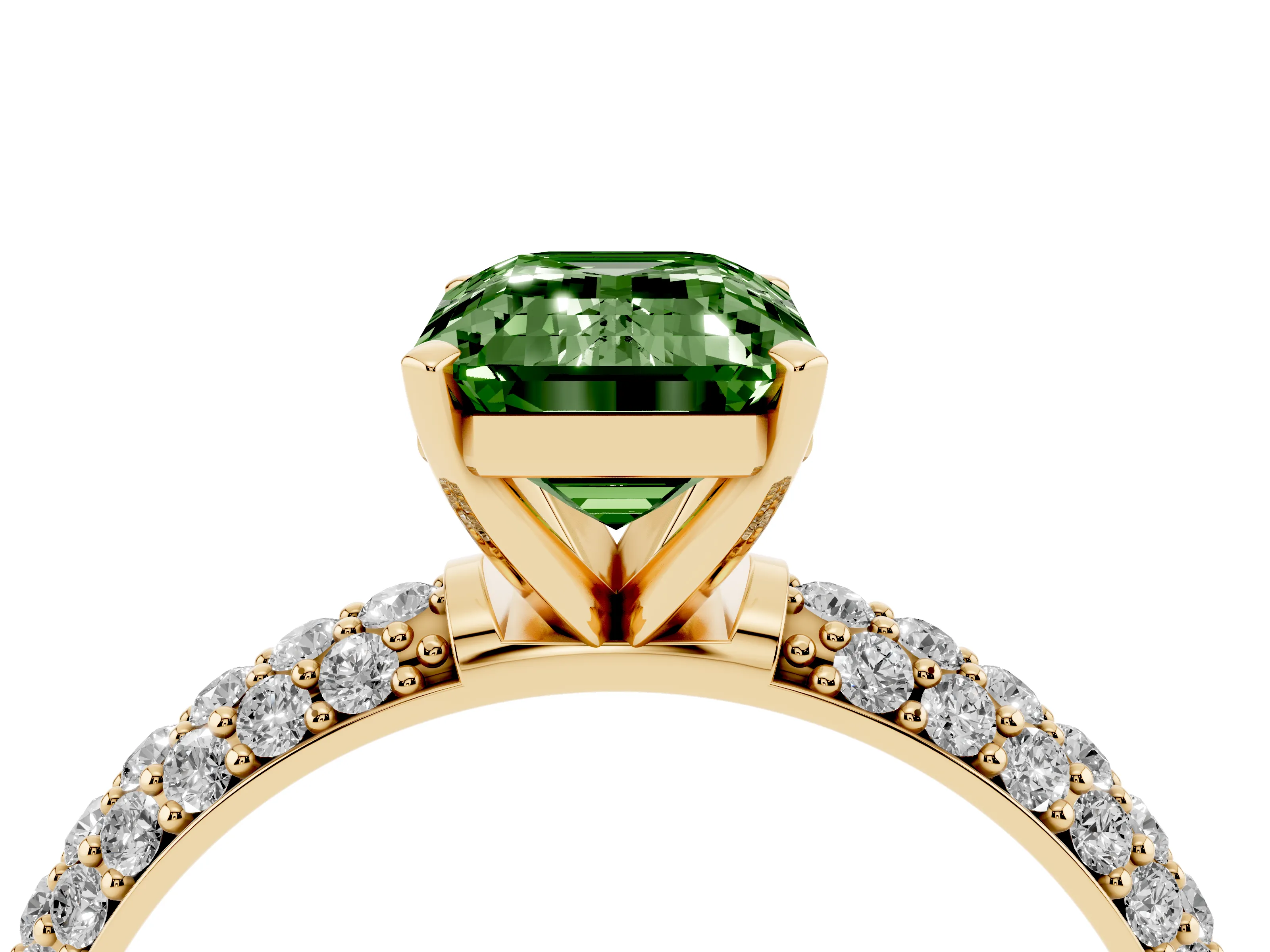 Fancy Green Emerald Cut Diamond Solitaire Ring Set in Yellow gold with Prong Setting and Pavé-Set Band