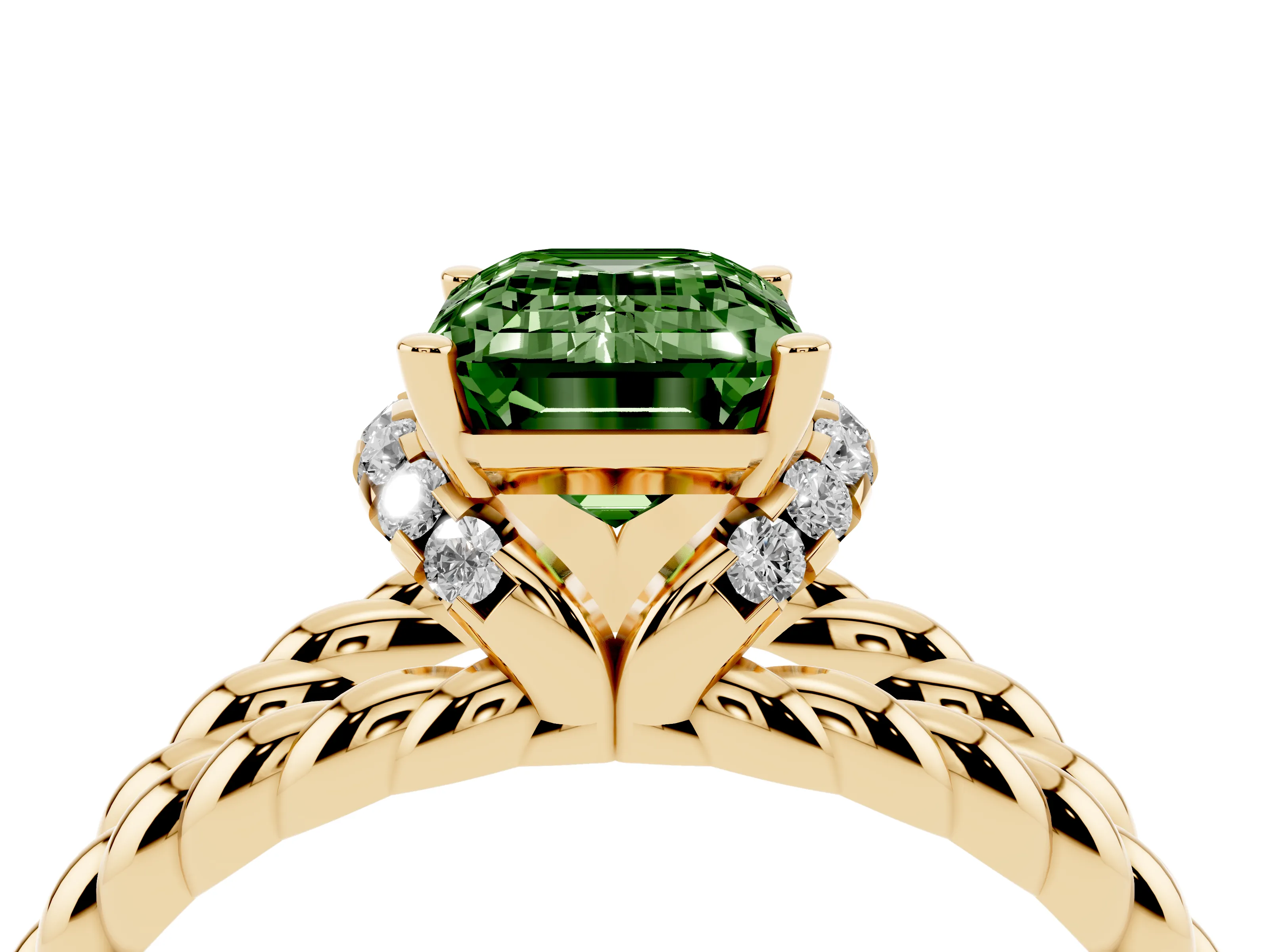 Fancy Green Emerald Cut Diamond Halo Ring Set in Yellow gold with Twisted Band and Prong Setting